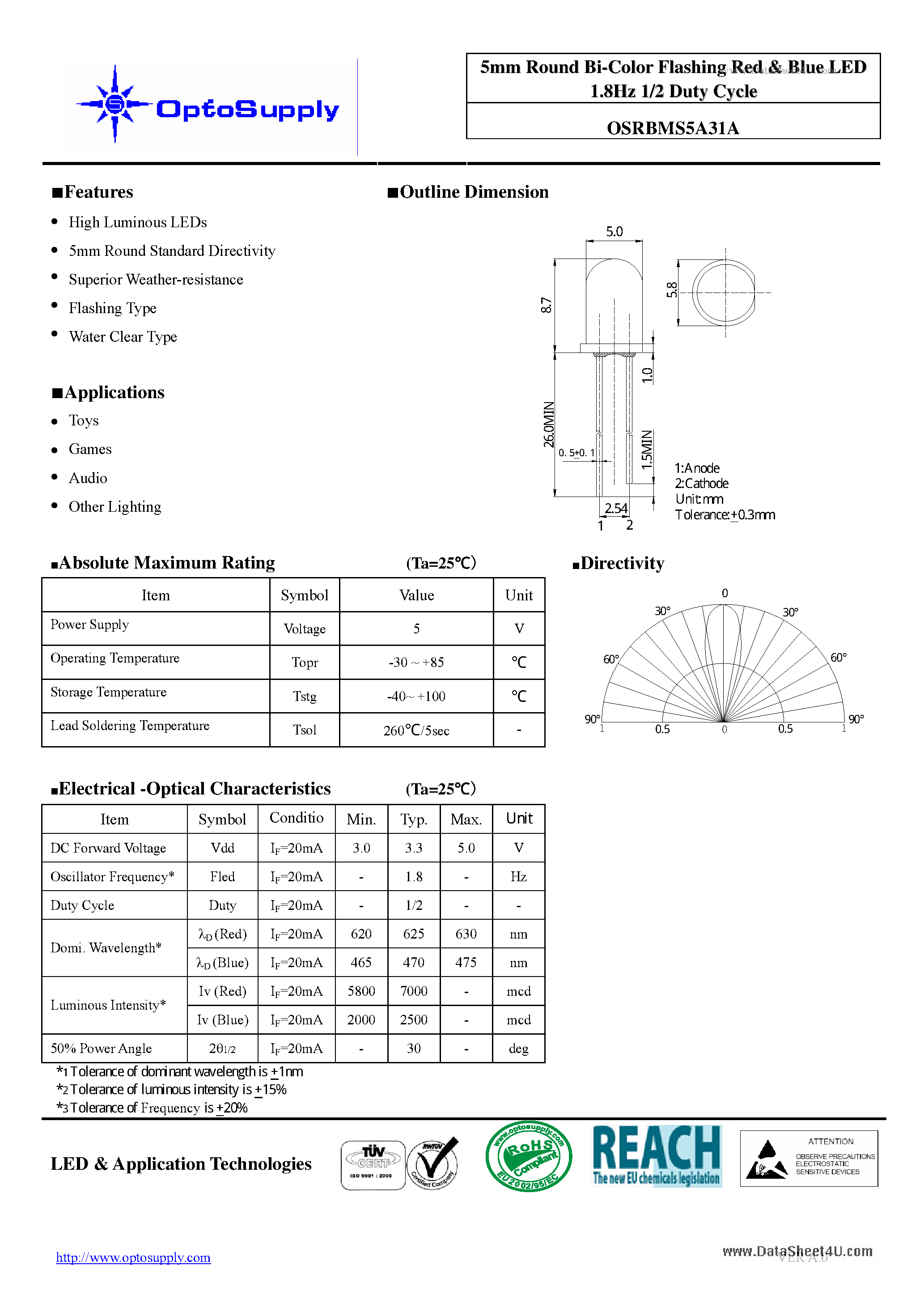 Datasheet OSRBMS5A31A - 5mm Round Bi-Color Flashing Red & Blue LED 1.8Hz 1/2 Duty Cycle page 1