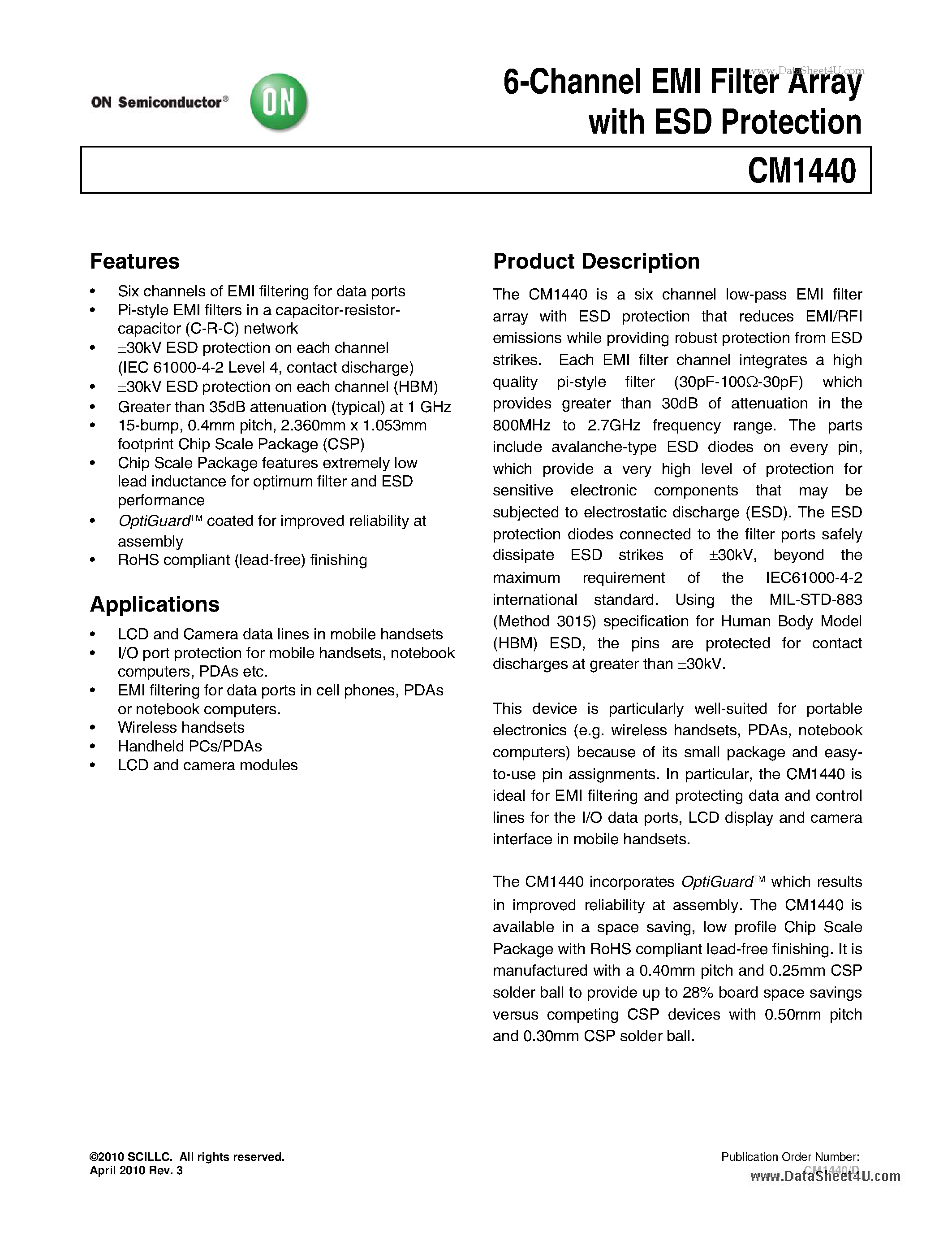Datasheet CM1440 - 6-Channel EMI Filter Array page 1