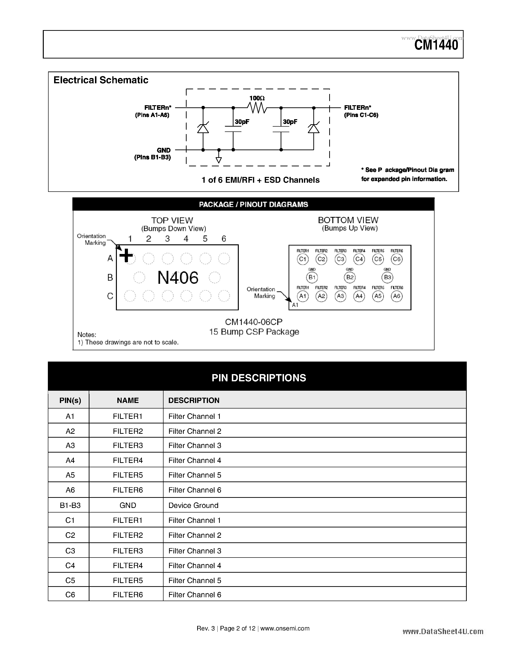 Datasheet CM1440 - 6-Channel EMI Filter Array page 2