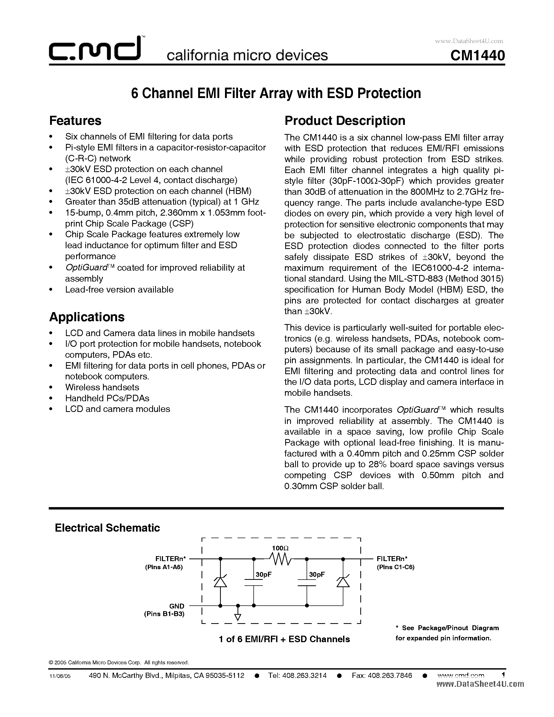 Datasheet CM1440 page 1 Datasheet CM1440 - 6 Channel EMI Filter Array page 1