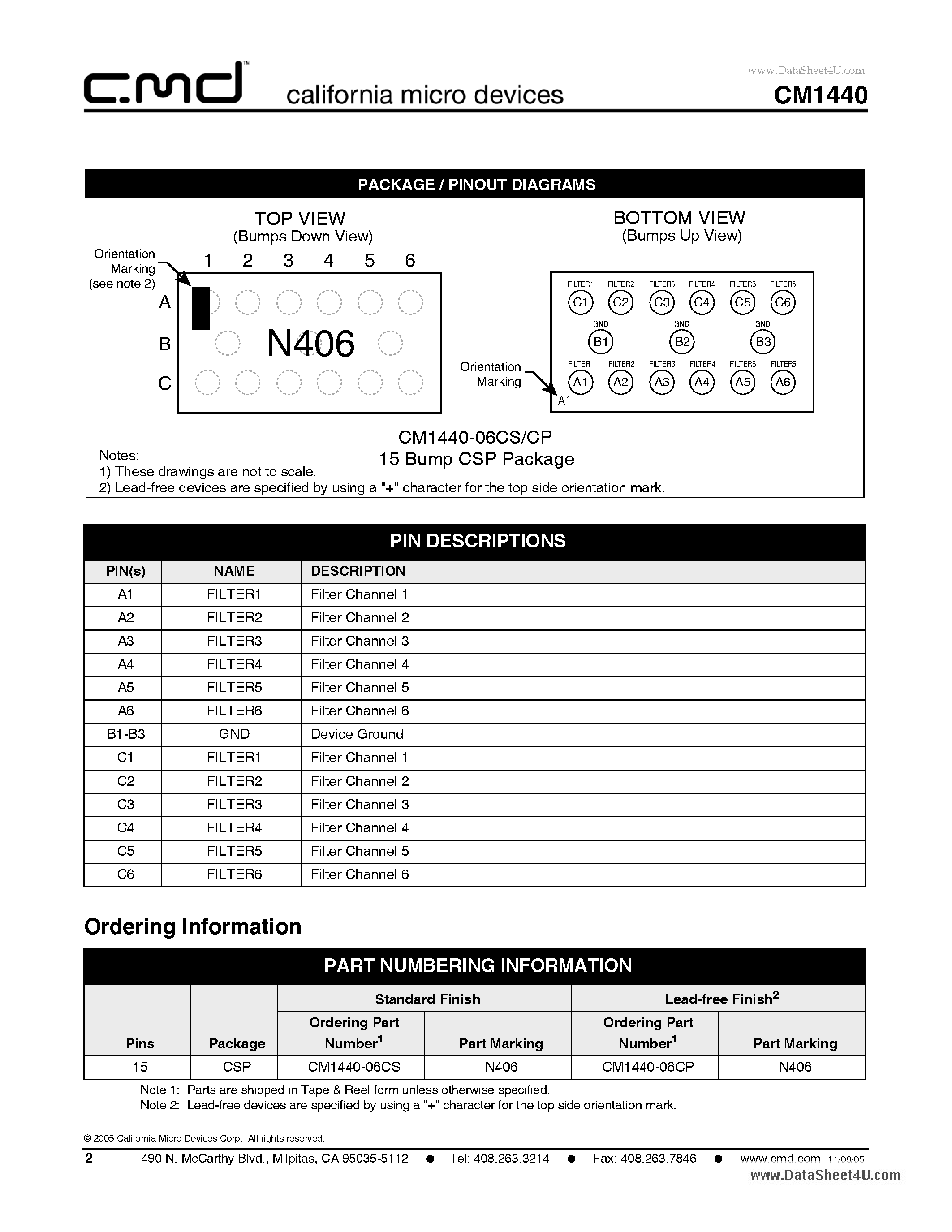 Datasheet CM1440 page 2 Datasheet CM1440 - 6 Channel EMI Filter Array page 2