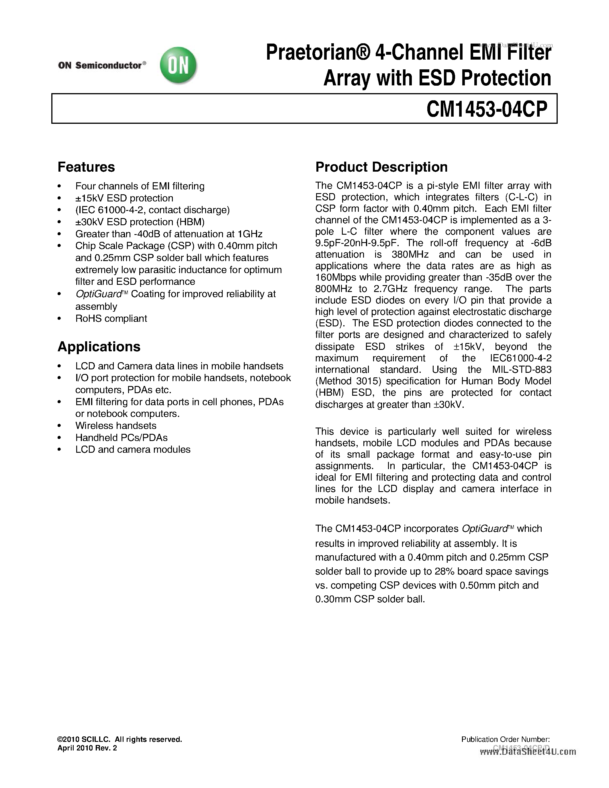 Datasheet CM1453-04CP - Praetorian 4-Channel EMI Filter Array page 1
