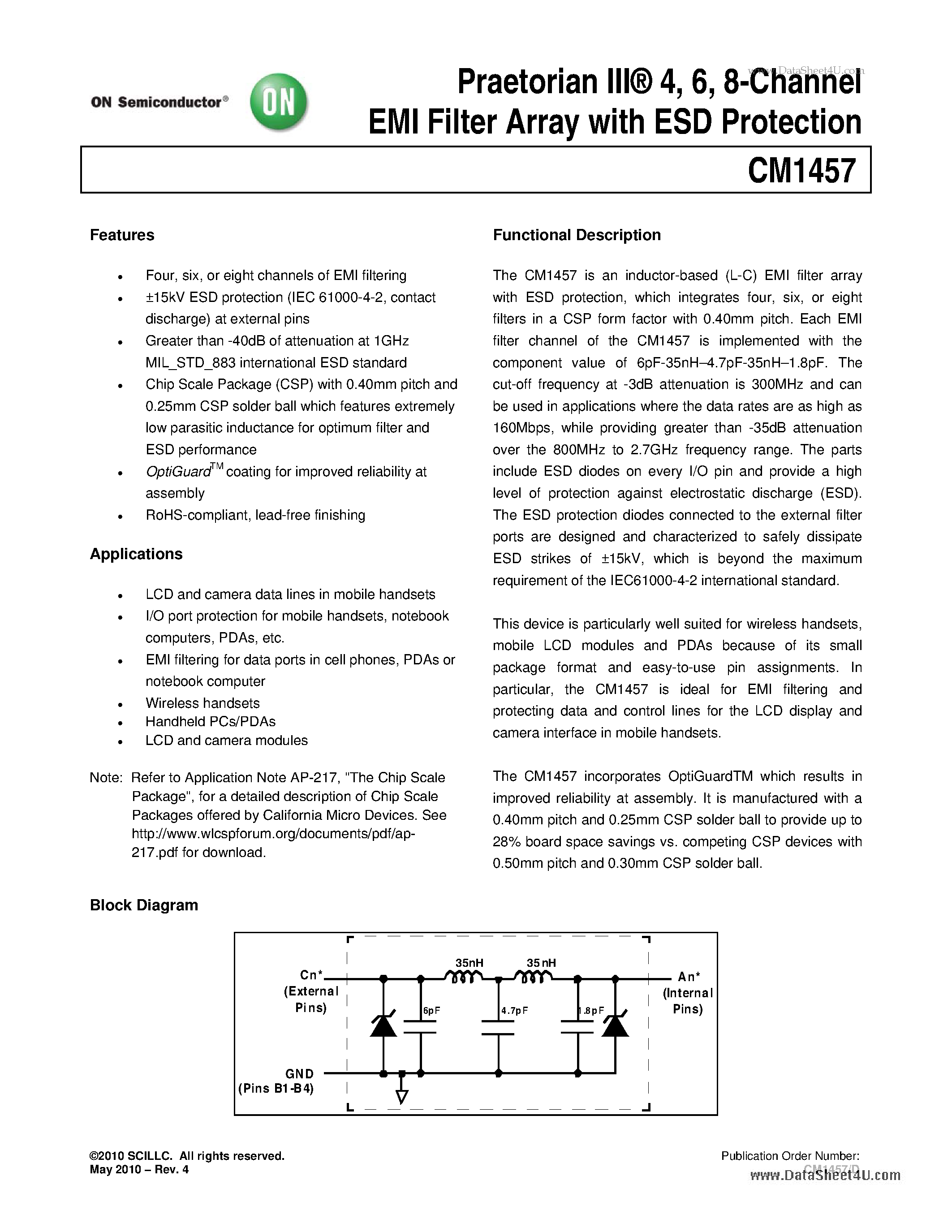Даташит на микросхему CM1457 страница 1 Даташит CM1457 - 8-Channel EMI Filter Array страница 1