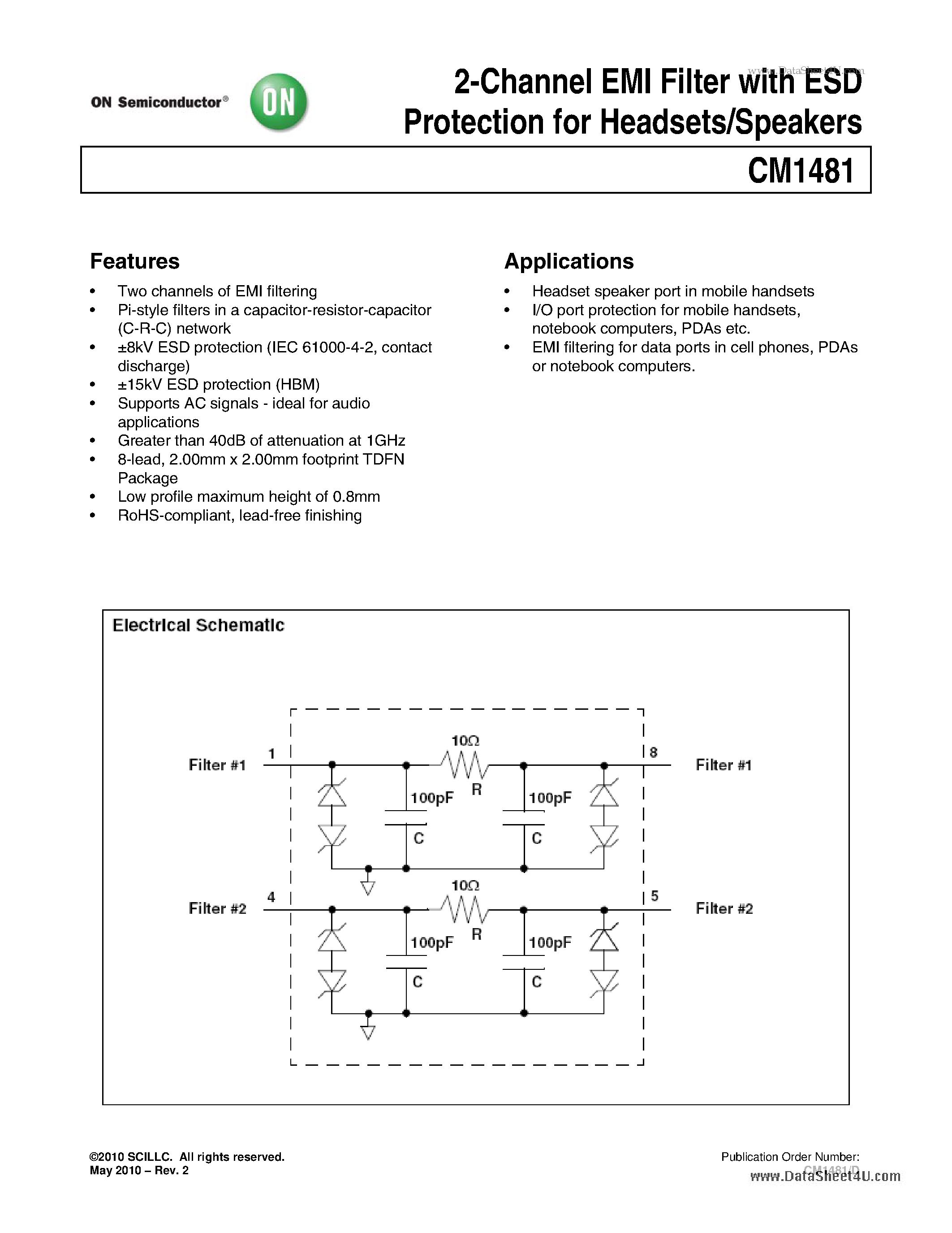 Даташит на микросхему CM1481 страница 1 Даташит CM1481 - 2-Channel EMI Filter with ESD Protection страница 1