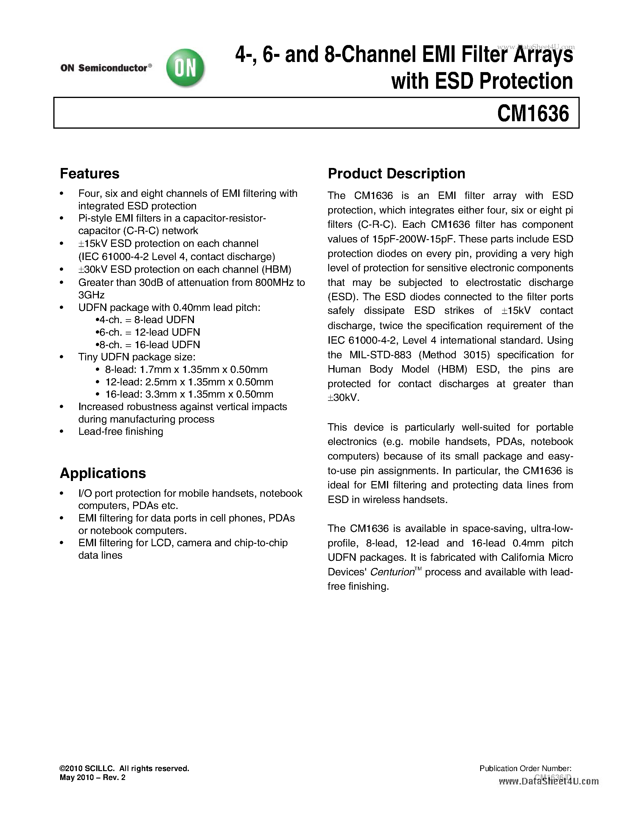 Datasheet CM1636 - 6- and 8-Channel EMI Filter Arrays page 1