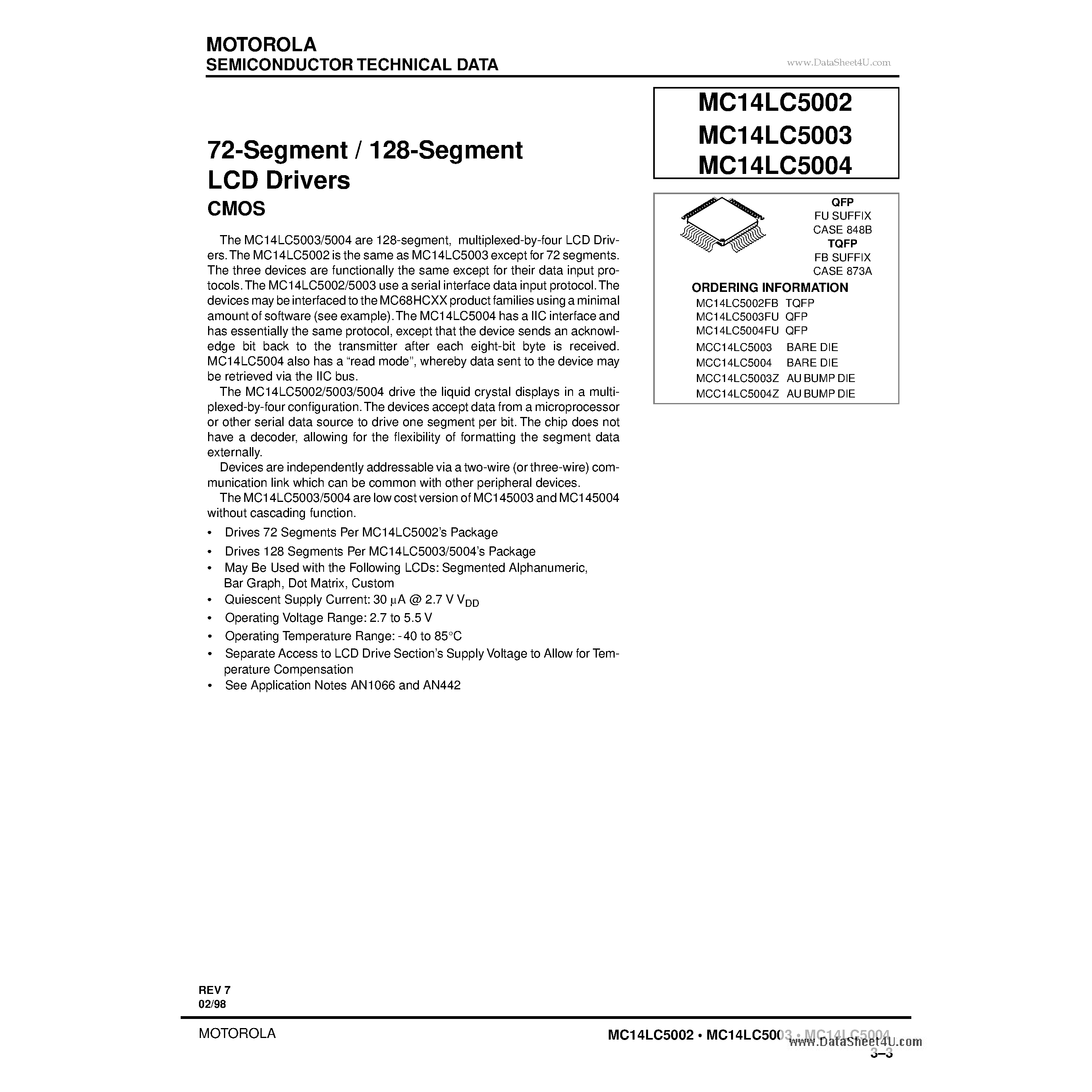 Datasheet MC14LC5002 page 1 Datasheet MC14LC5002 - 72-Segment / 128-Segment LCD Drivers page 1