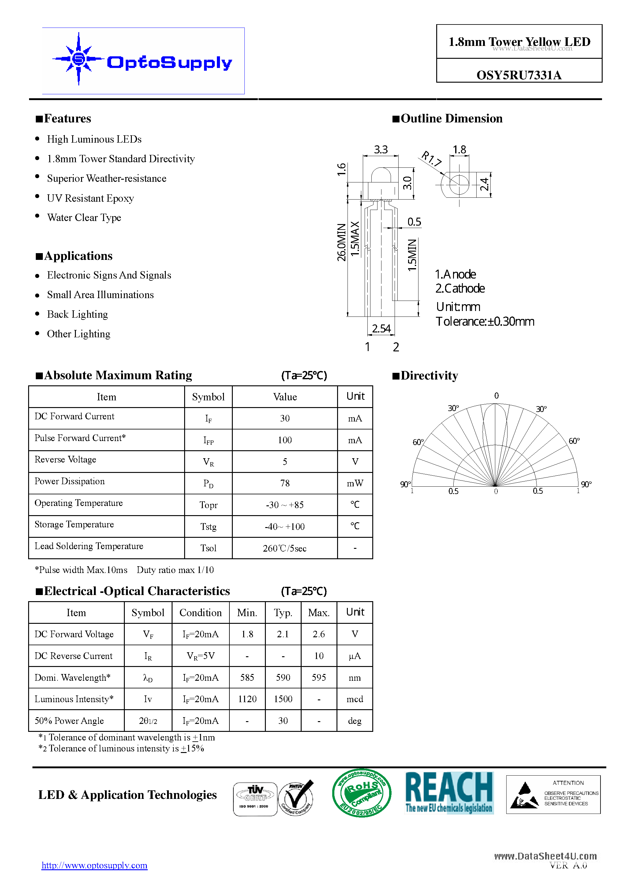 Datasheet OSY5RU7331A - 1.8mm Tower Yellow LED page 1