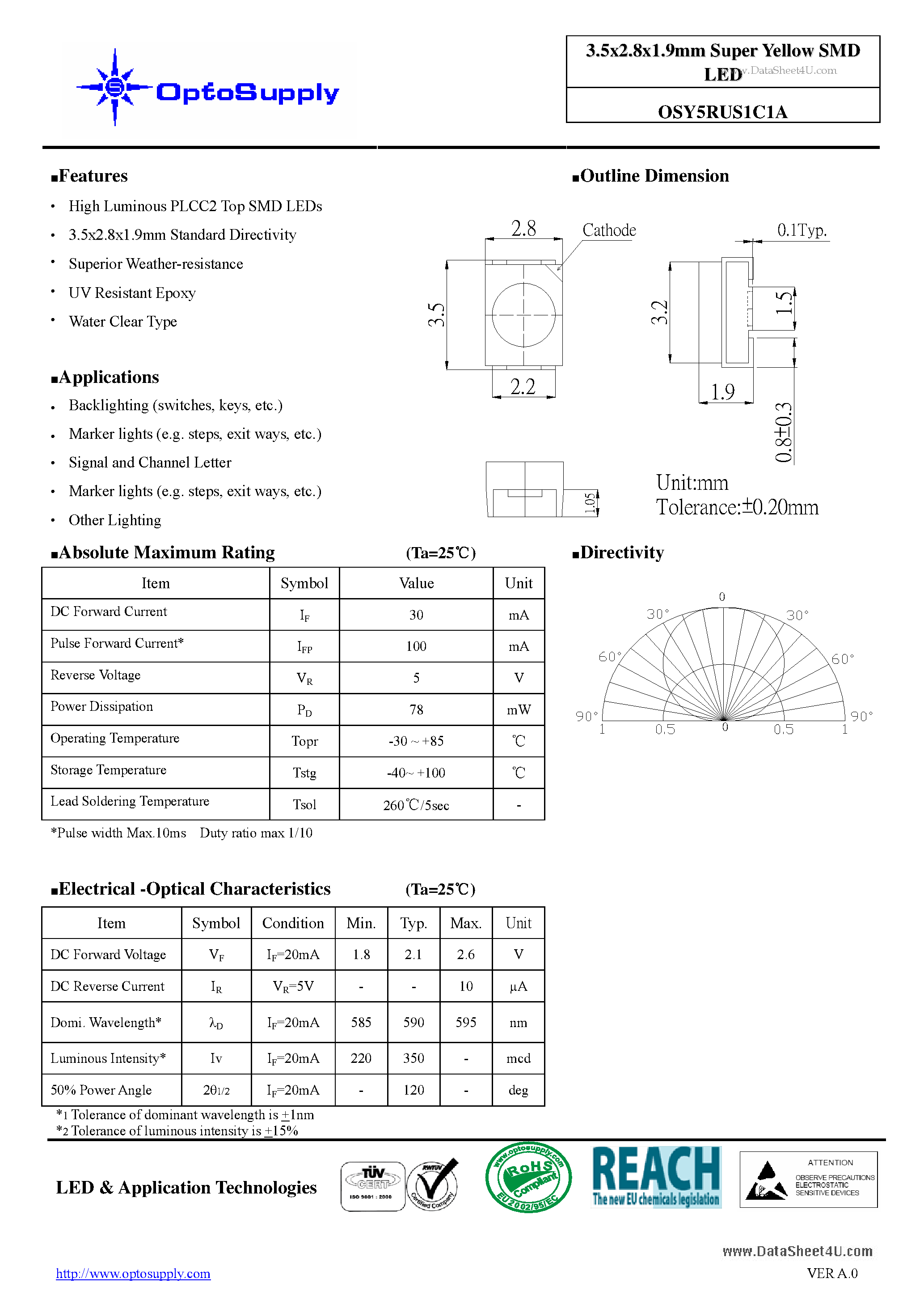 Datasheet OSY5RUS1C1A - 3.5x2.8x1.9mm Super Yellow SMD LED page 1