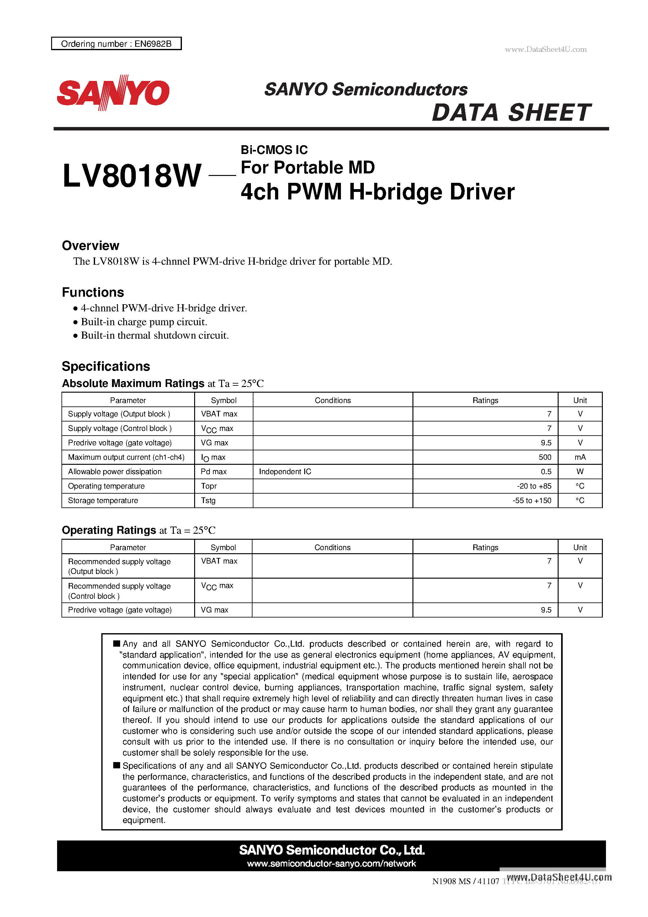 Datasheet LV8018W page 1 Datasheet LV8018W - 4ch PWM H-bridge Driver page 1