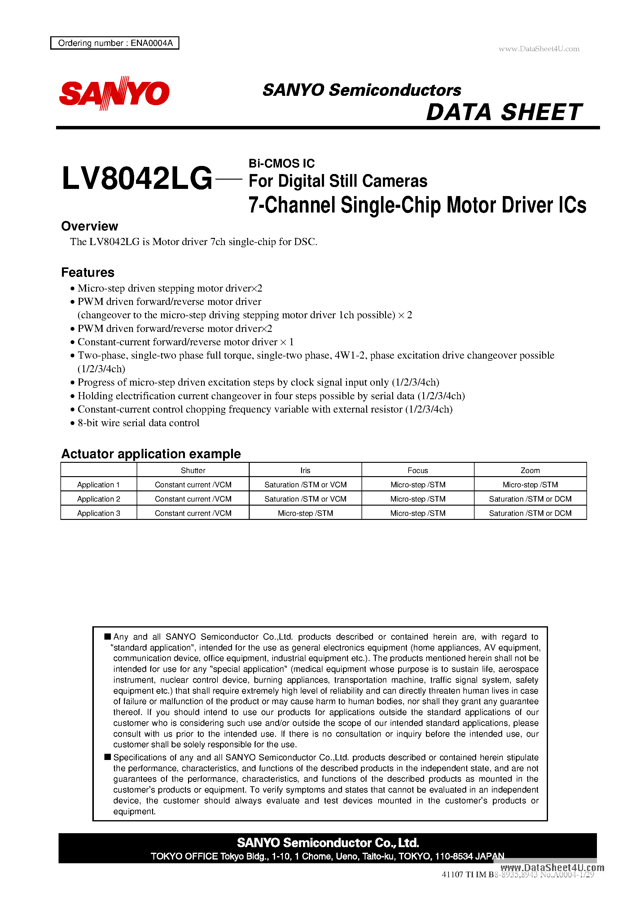 Даташит на микросхему LV8042LG страница 1 Даташит LV8042LG - Bi-CMOS IC For Digital Still Cameras 7-Channel Single-Chip Motor Driver ICs страница 1