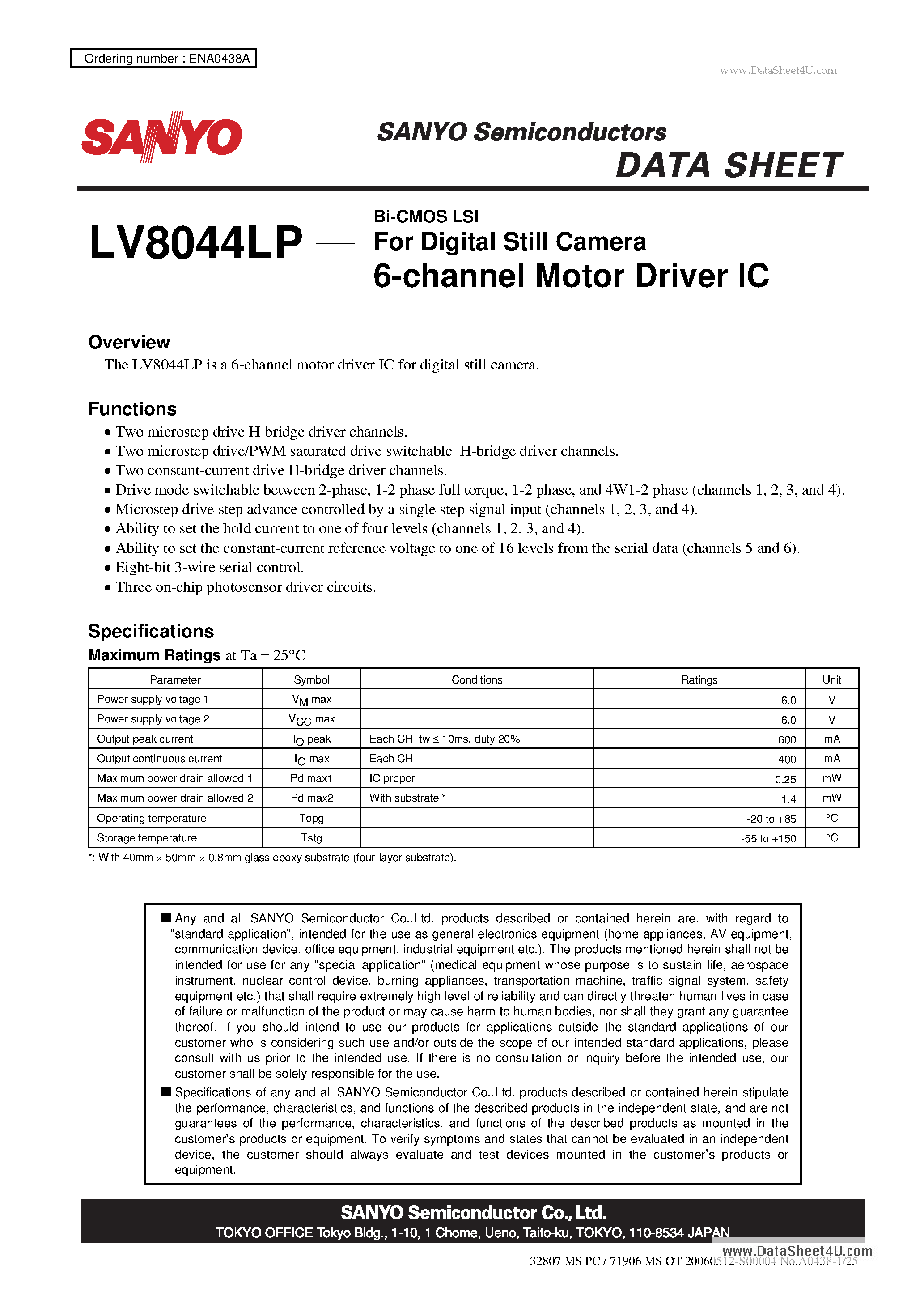 Datasheet LV8044LP - Bi-CMOS LSI For Digital Still Cameras 6-Channel Single-Chip Motor Driver ICs page 1