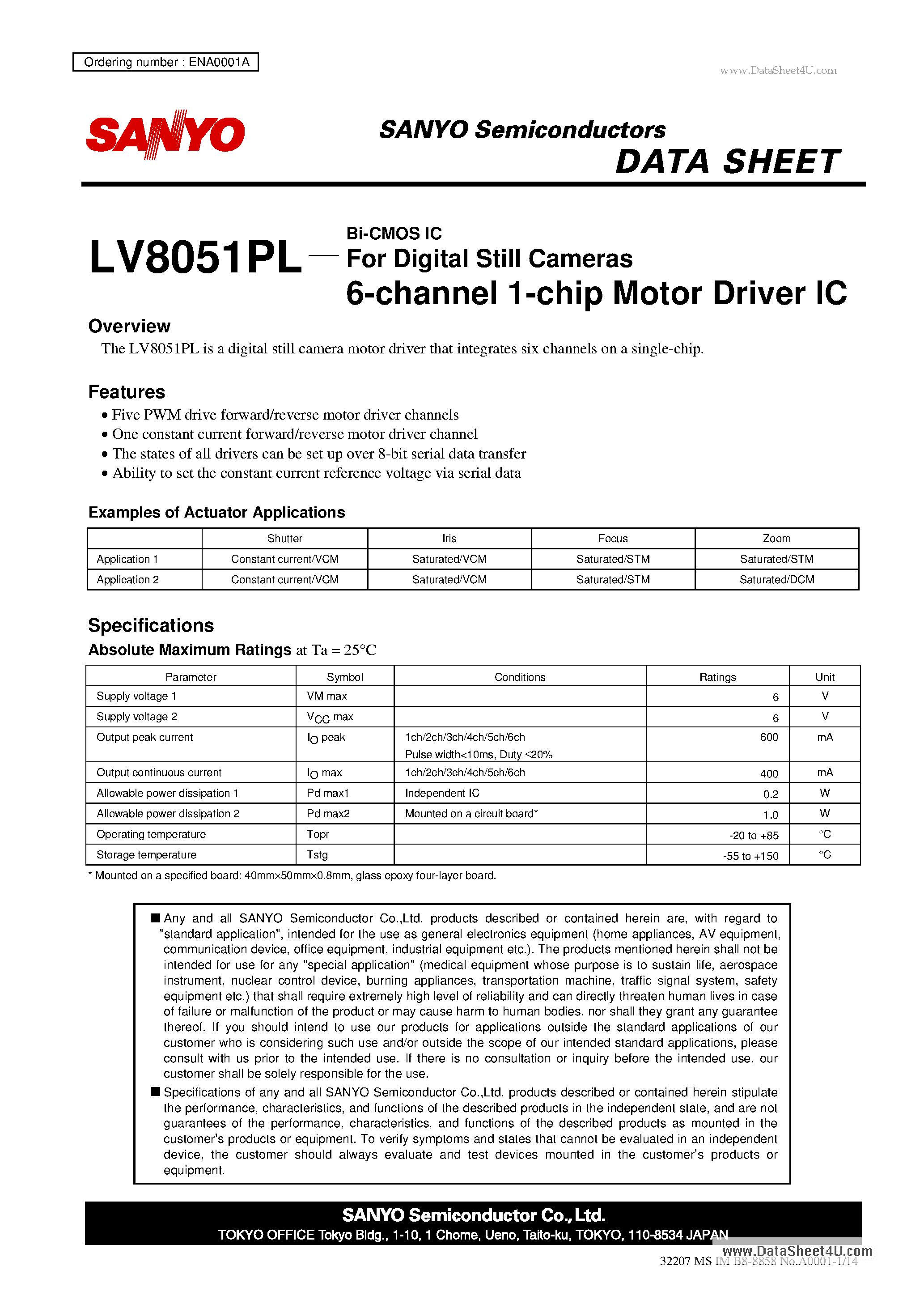 Datasheet LV8051PL - Bi-CMOS IC For Digital Still Cameras 6-Channel 1-Chip Motor Driver IC page 1