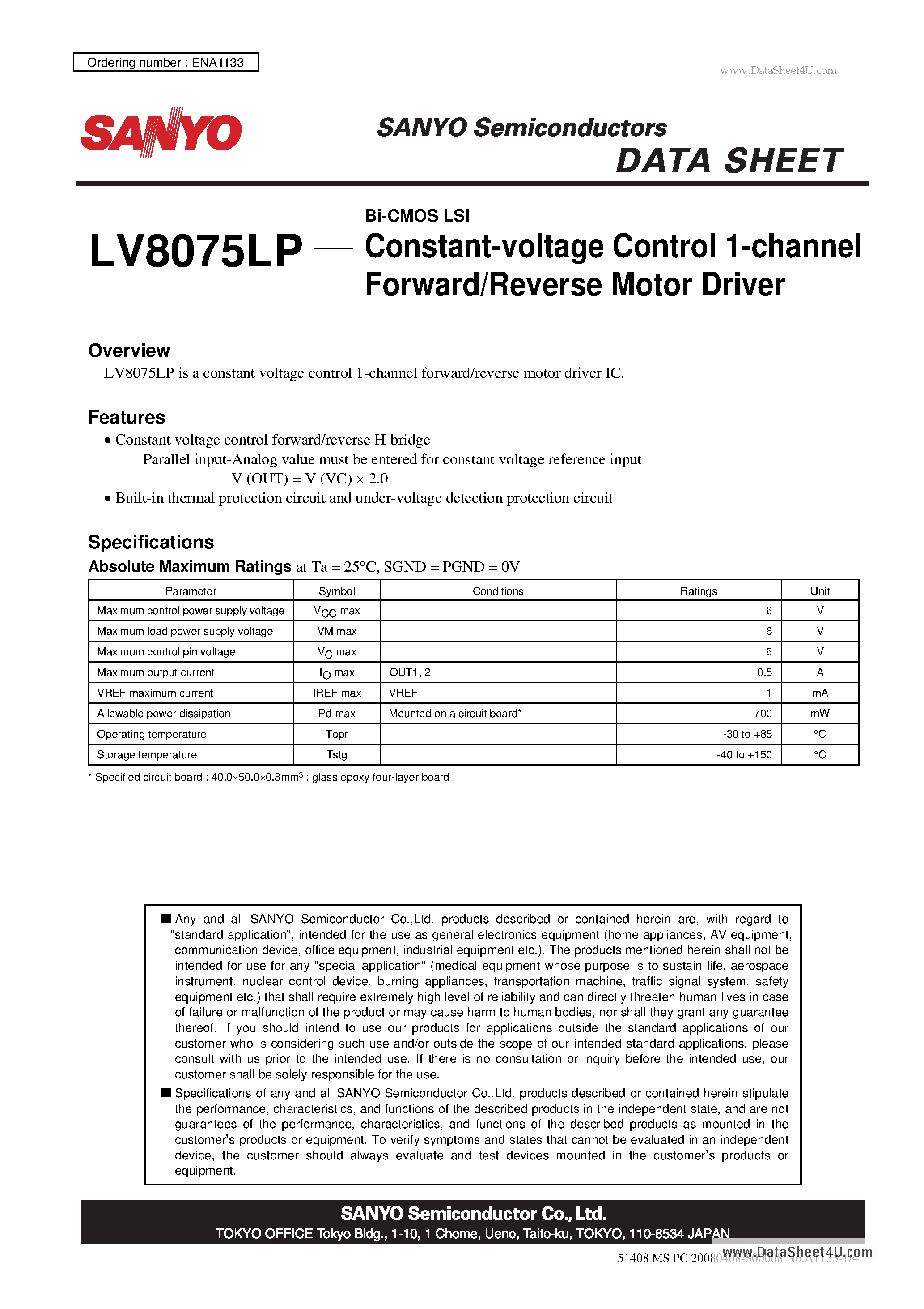 Даташит LV8075LP - Bi-CMOS LSI Constant-voltage Control 1-channel Forward/Reverse Motor Driver страница 1