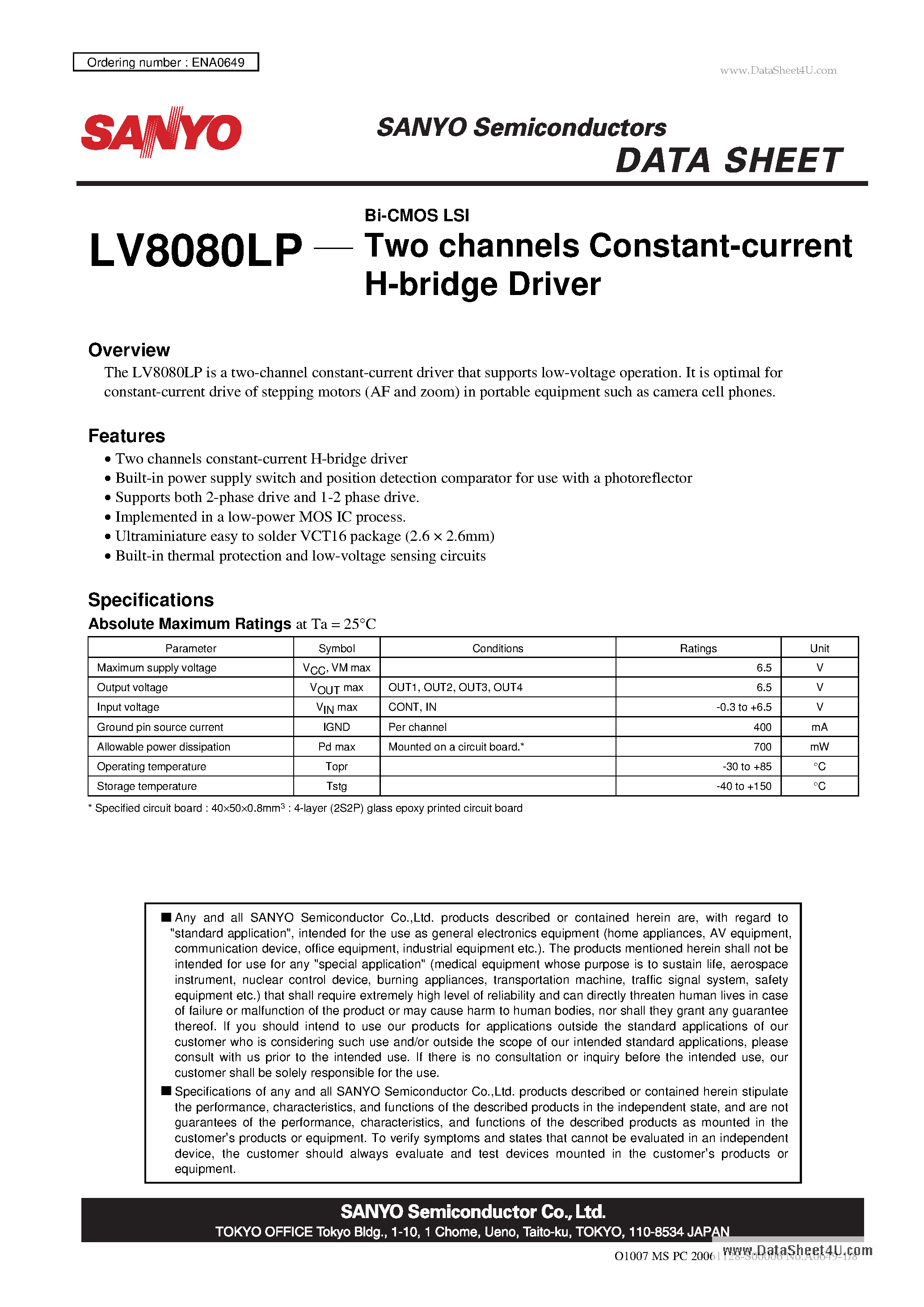 Datasheet LV8080LP page 1 Datasheet LV8080LP - Bi-CMOS LSI Two channels Constant-current H-bridge Driver page 1