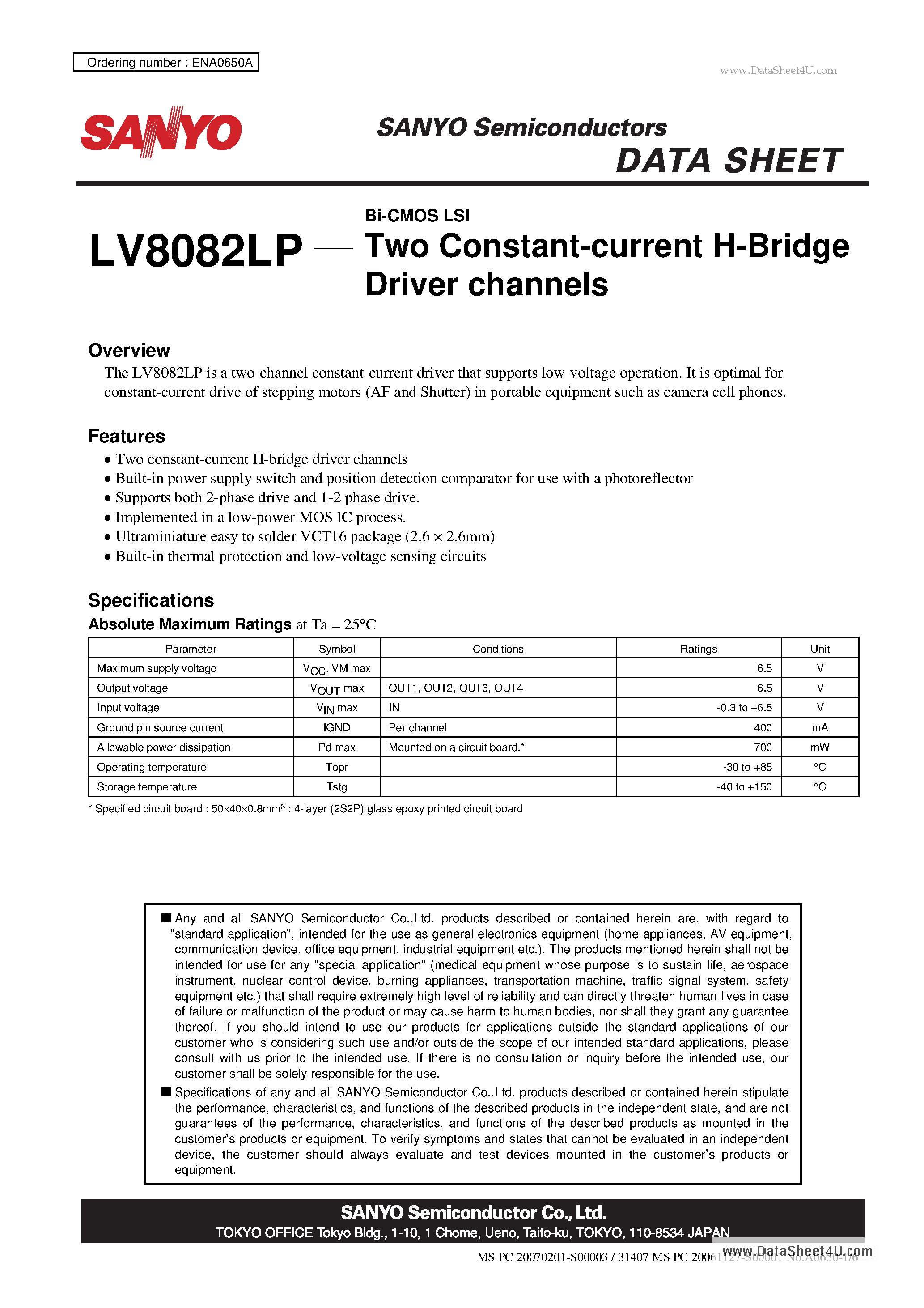 Datasheet LV8082LP page 1 Datasheet LV8082LP - Bi-CMOS LSI Two Constant-current H-Bridge Driver channels page 1