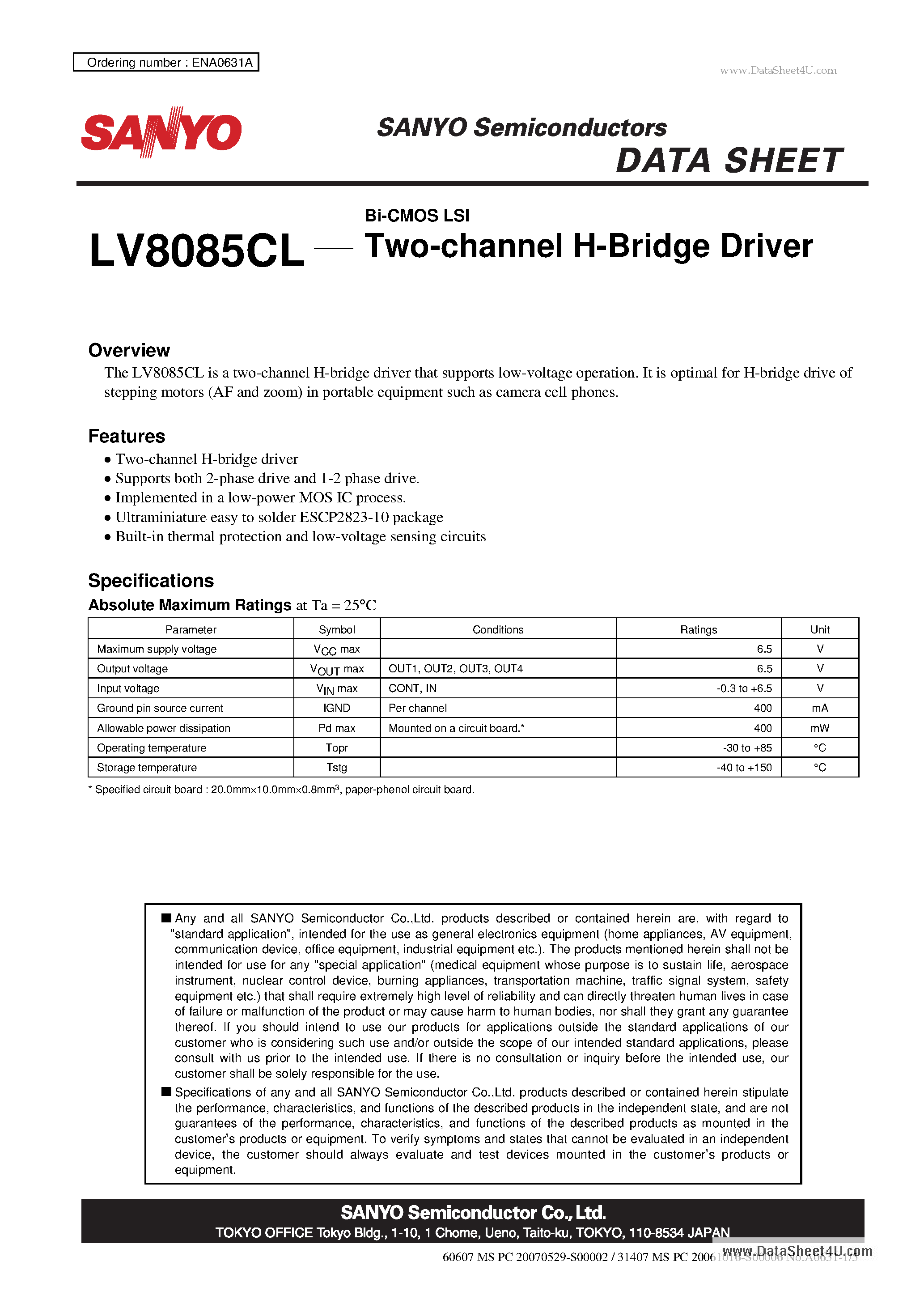 Datasheet LV8085CL page 1 Datasheet LV8085CL - Bi-CMOS LSI Two-channel H-Bridge Driver page 1