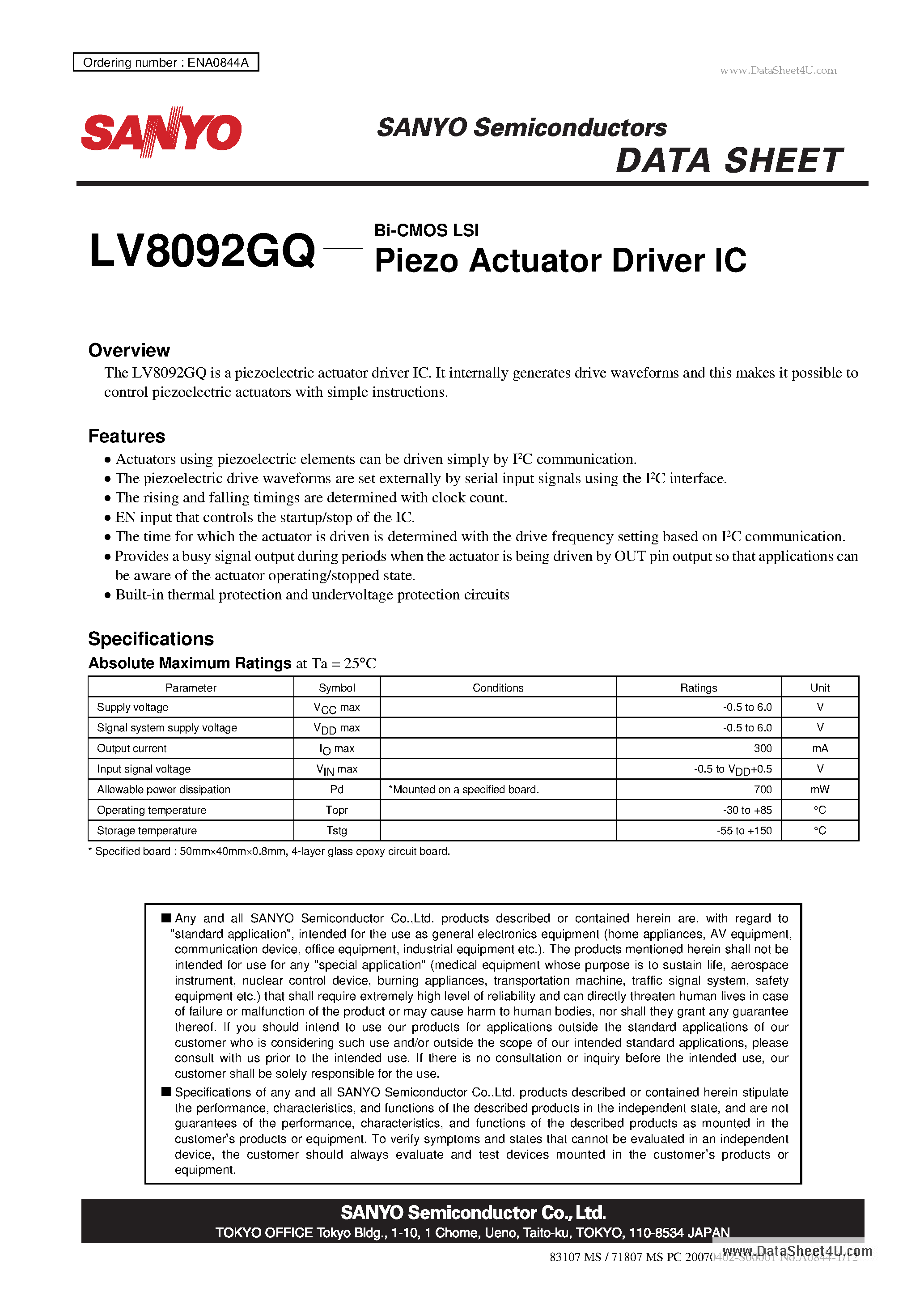 Даташит на микросхему LV8092GQ страница 1 Даташит LV8092GQ - Bi-CMOS LSI Piezo Actuator Driver IC страница 1