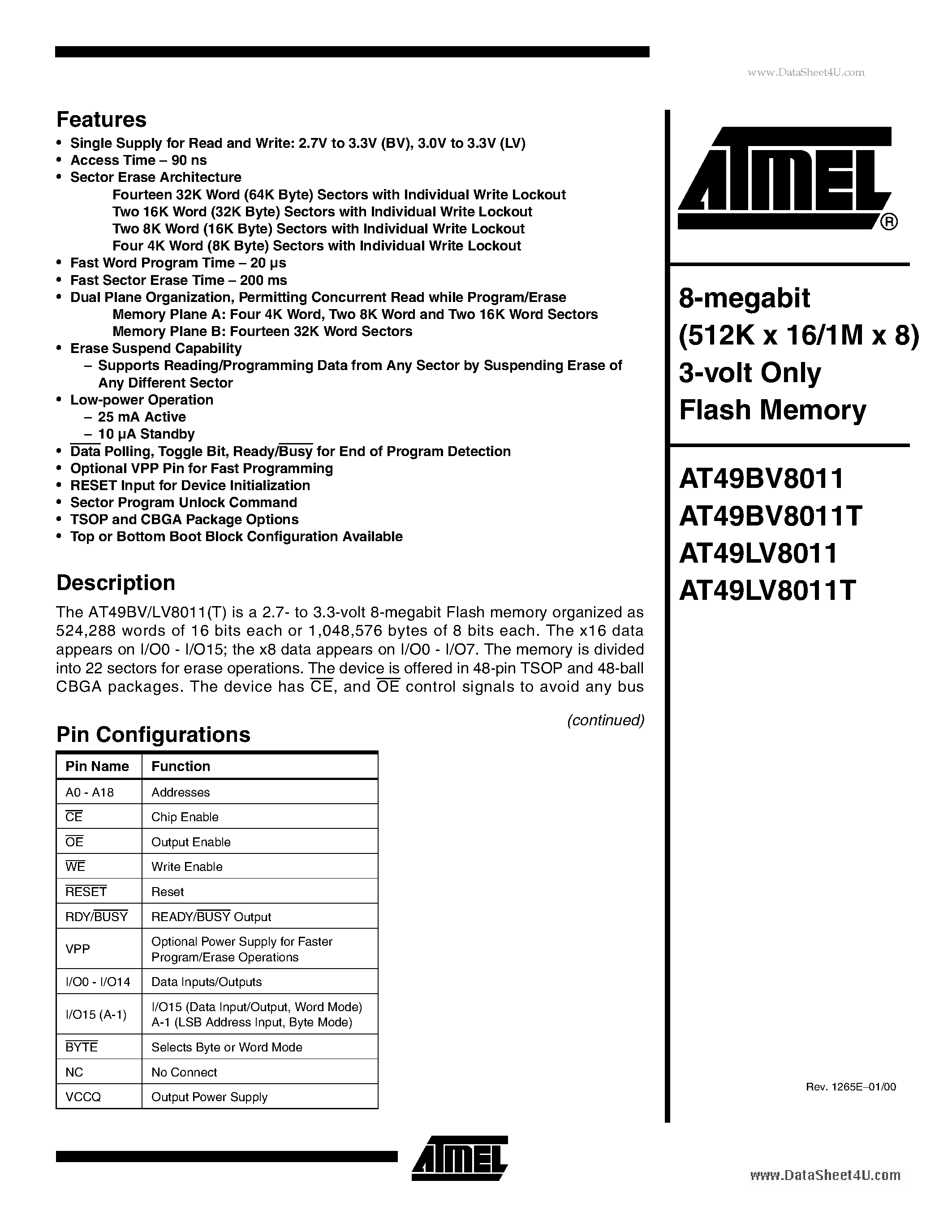 Даташит на микросхему AT49BV8011 страница 1 Даташит AT49BV8011 - 8-megabit (512K x 16/1M x 8) 3-volt Only Flash Memory страница 1