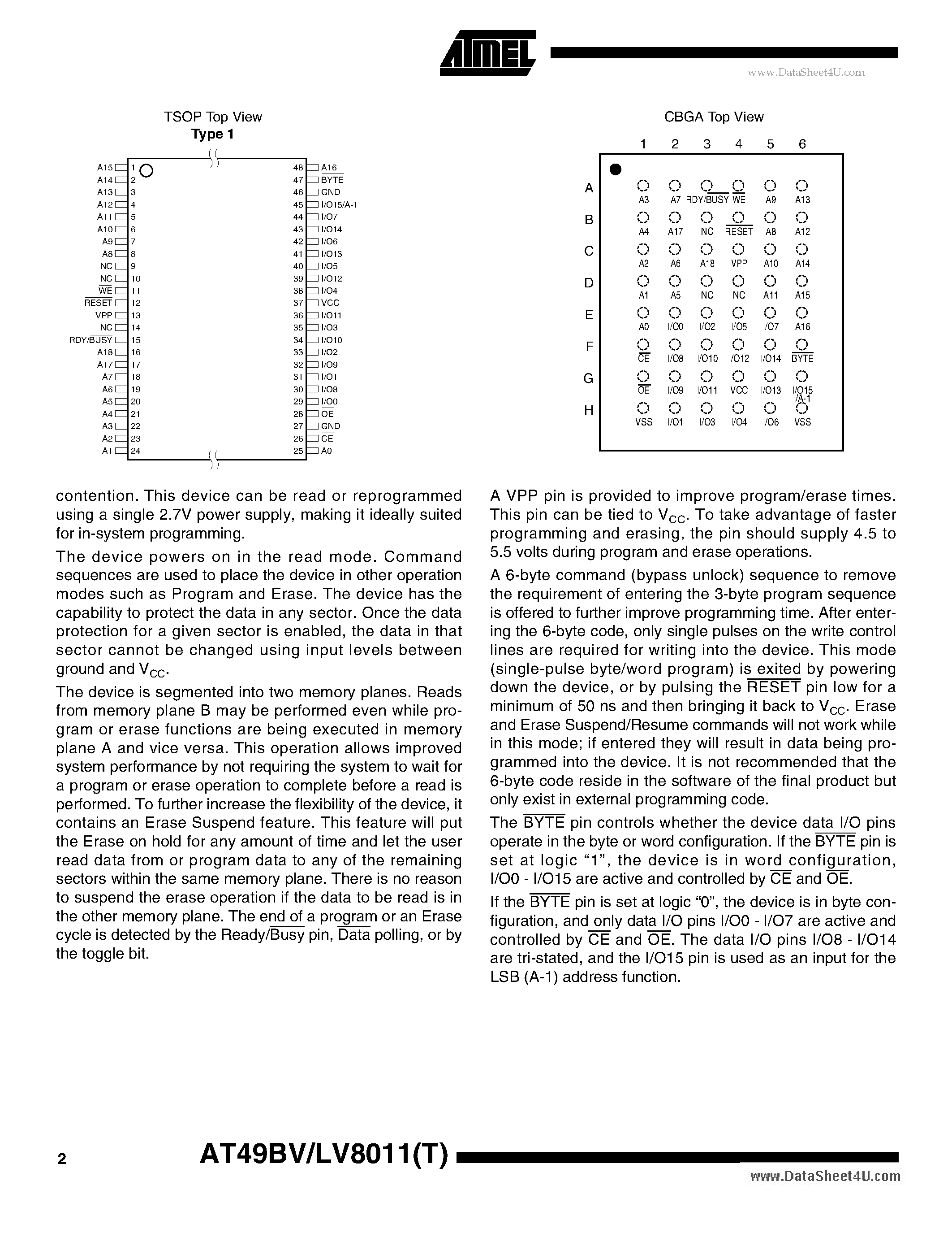 Даташит на микросхему AT49BV8011 страница 2 Даташит AT49BV8011 - 8-megabit (512K x 16/1M x 8) 3-volt Only Flash Memory страница 2