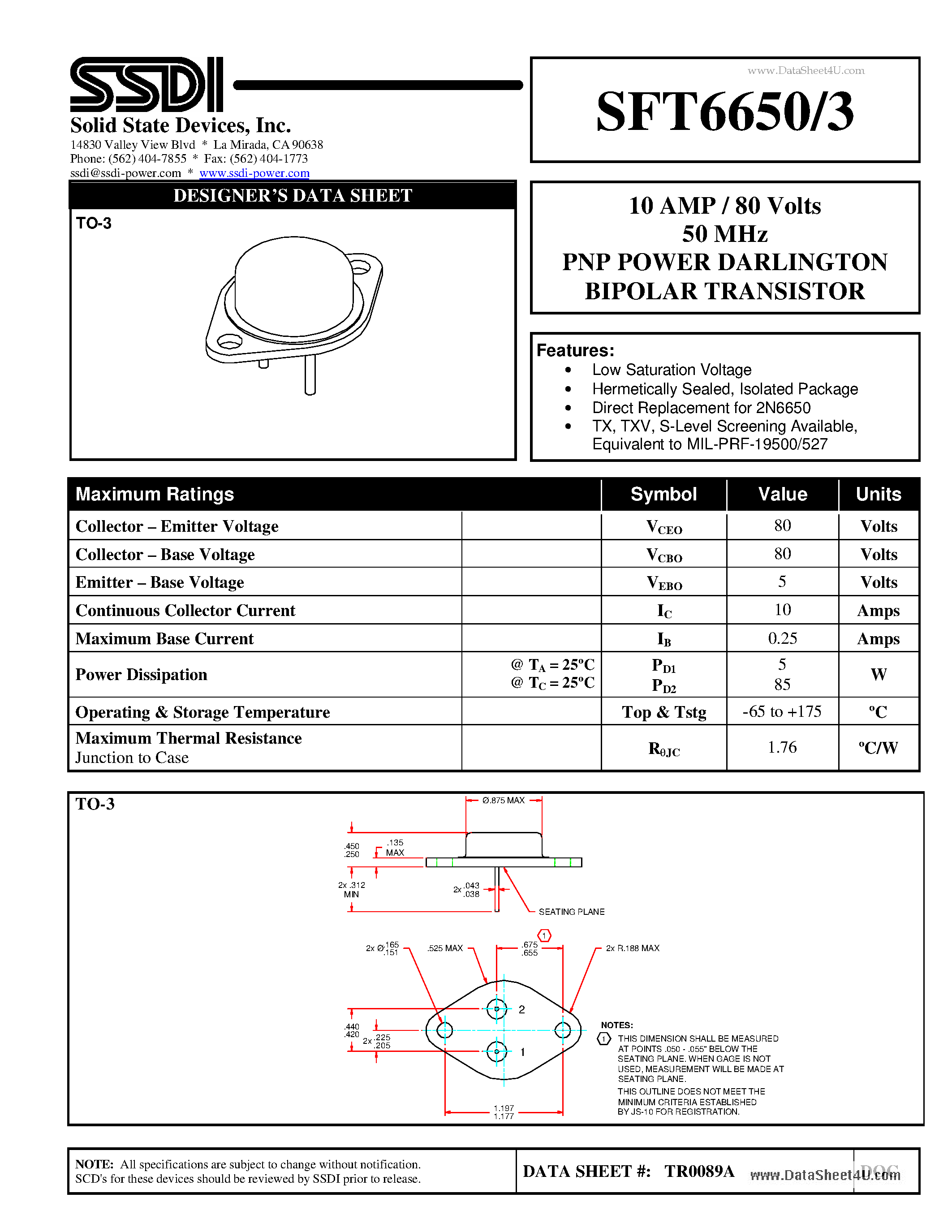 Datasheet SFT6650-3 - 10 AMP / 80 Volts 50 MHz PNP POWER DARLINGTON BIPOLAR TRANSISTOR page 1
