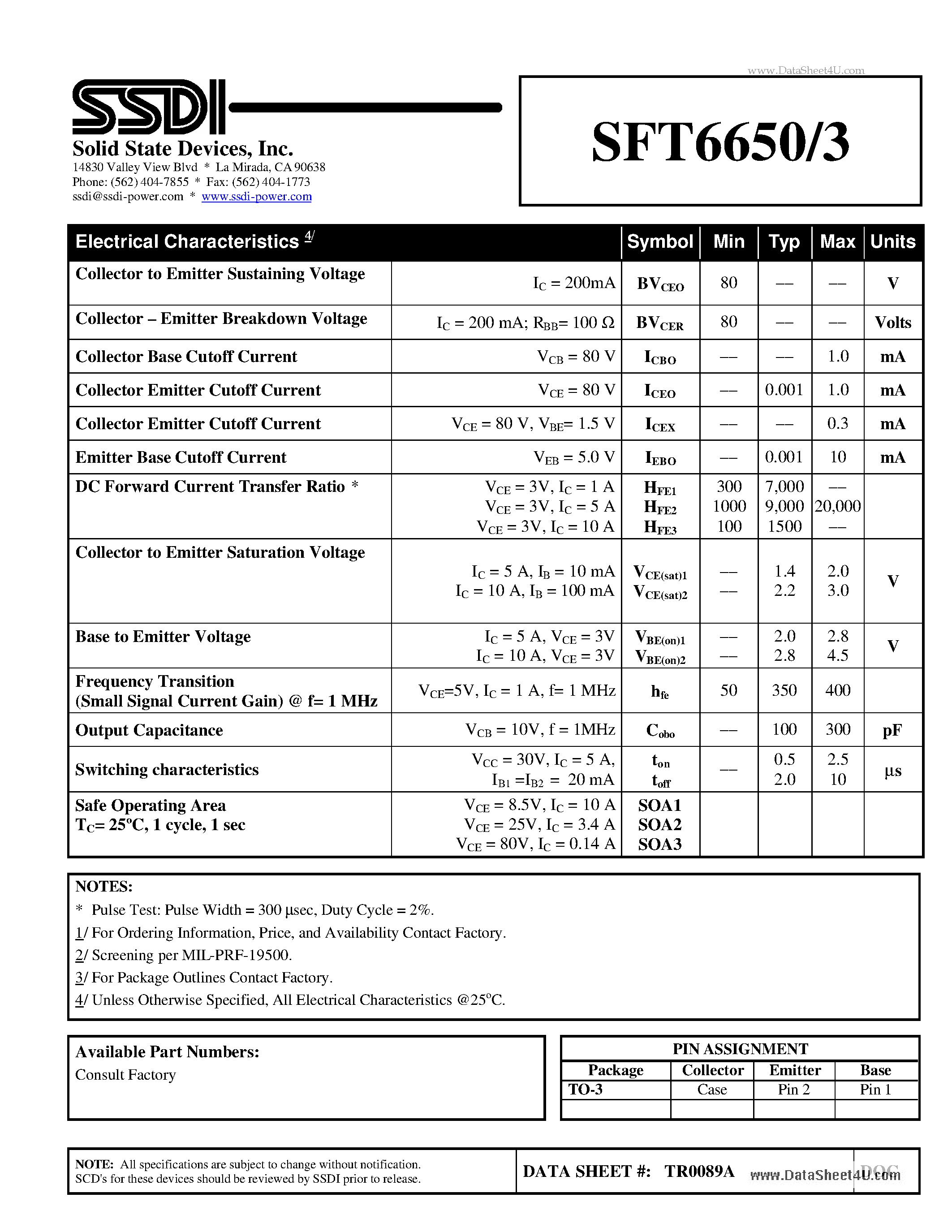Datasheet SFT6650-3 - 10 AMP / 80 Volts 50 MHz PNP POWER DARLINGTON BIPOLAR TRANSISTOR page 2