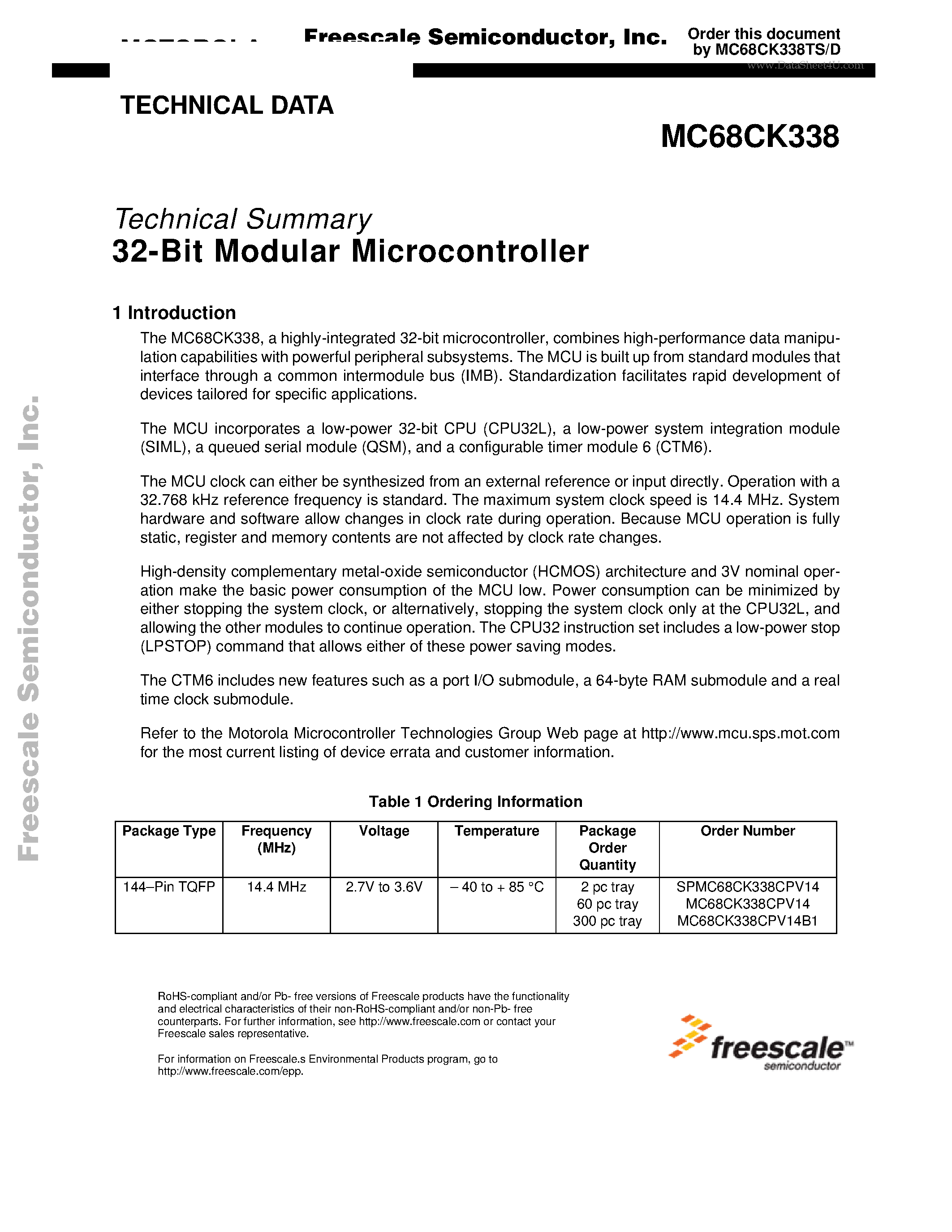 Datasheet MC68CK338 - 32-Bit Modular Microcontroller page 1