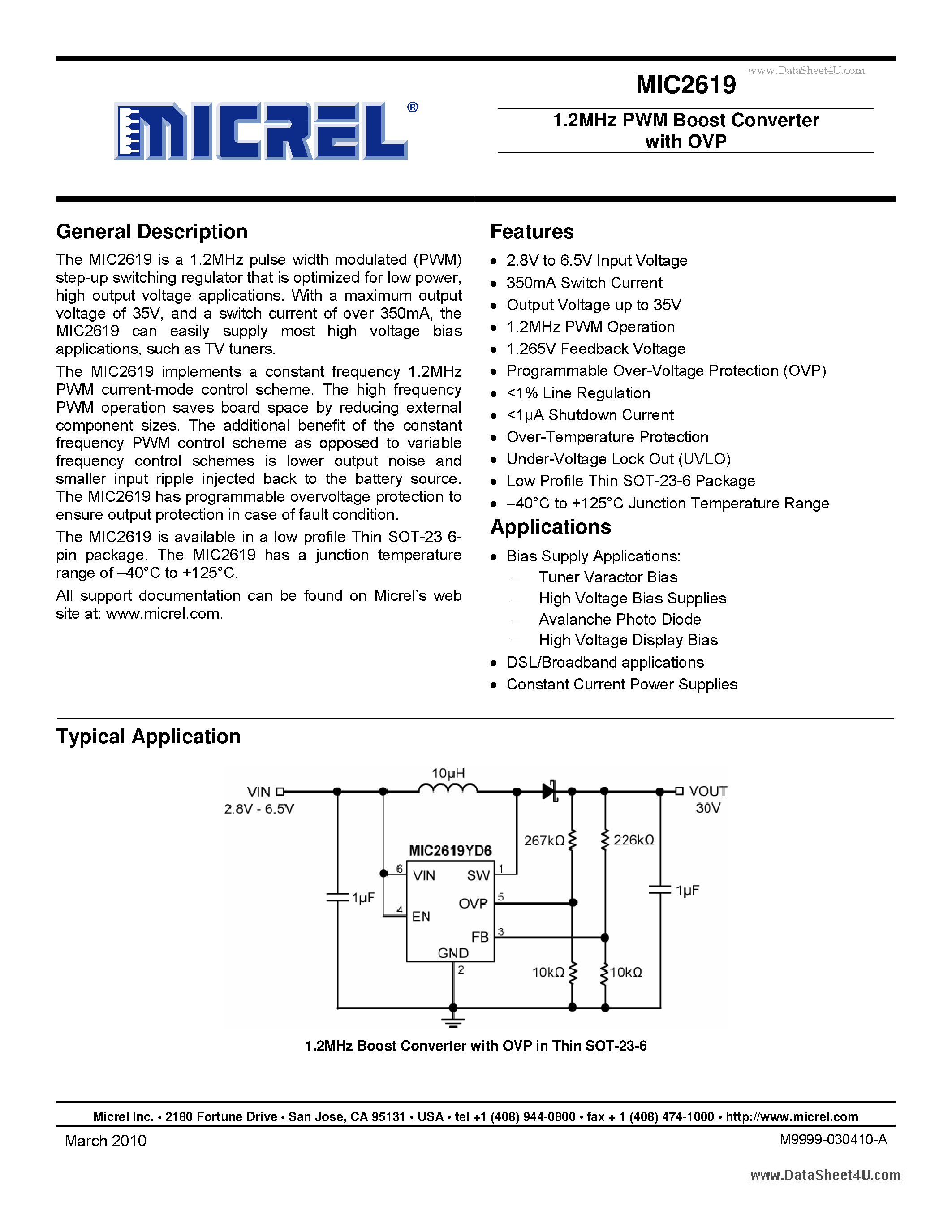 Datasheet MIC2619 page 1 Datasheet MIC2619 - 1.2MHz PWM Boost Converter with OVP page 1