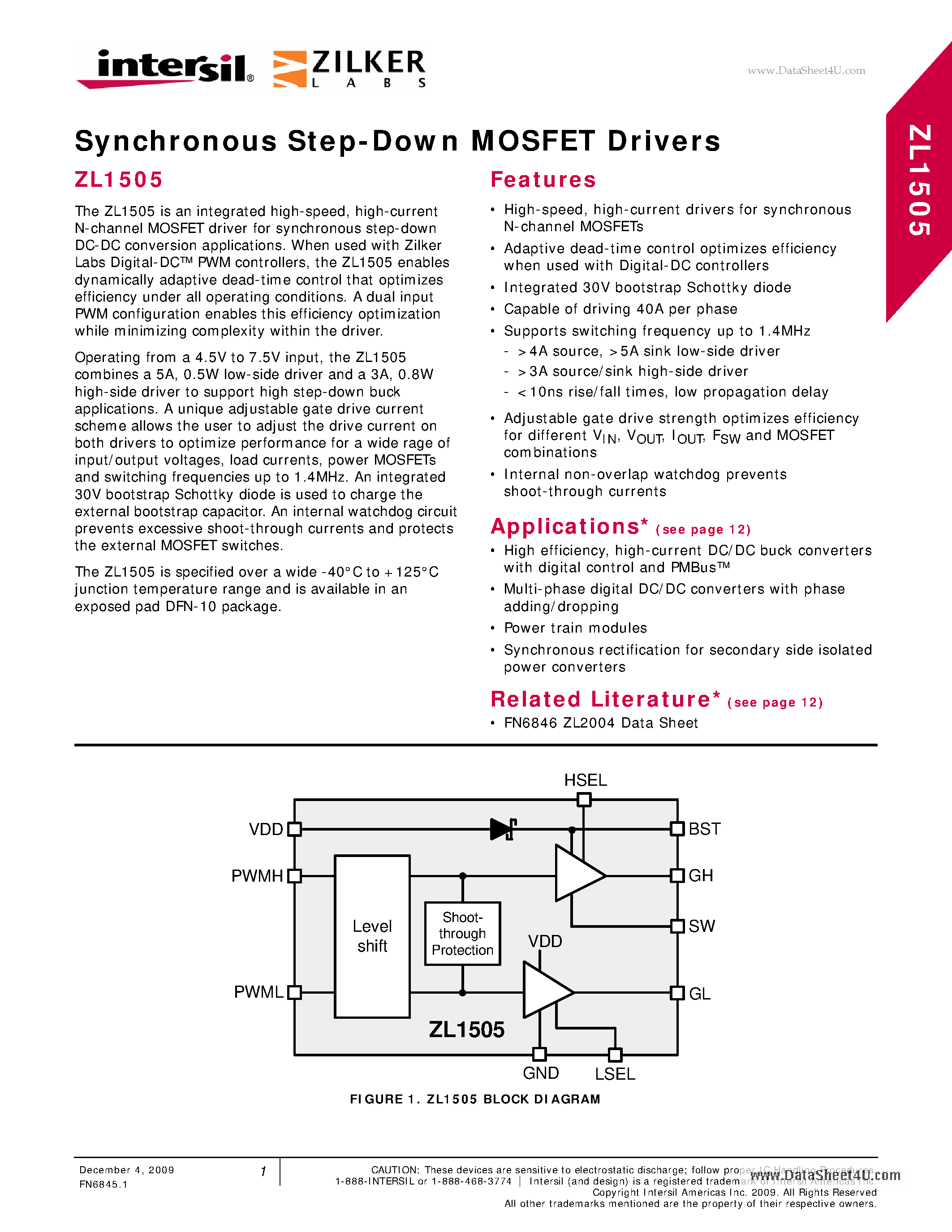 Datasheet ZL1505 page 1 Datasheet ZL1505 - Synchronous Step-Down MOSFET Drivers page 1