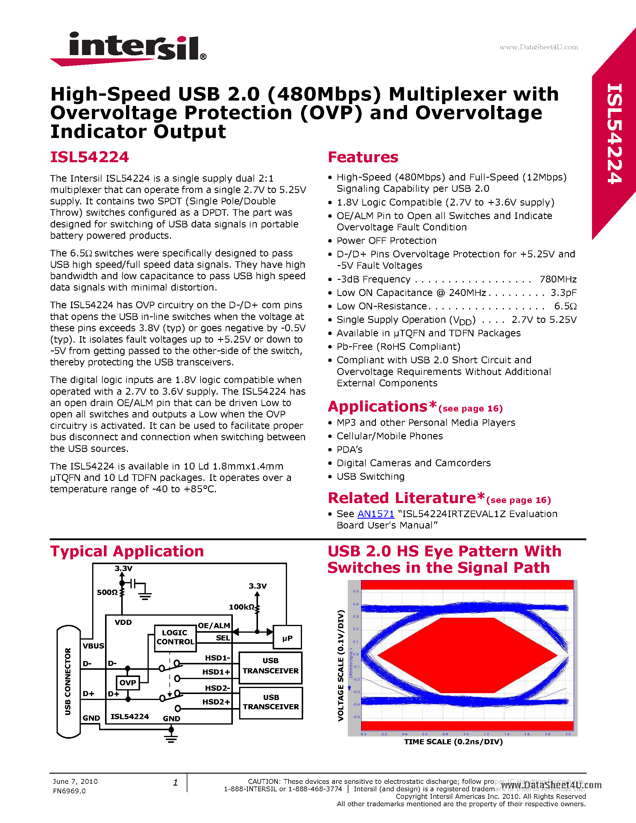 Datasheet ISL54224 - High-Speed USB 2.0 (480Mbps) Multiplexer page 1