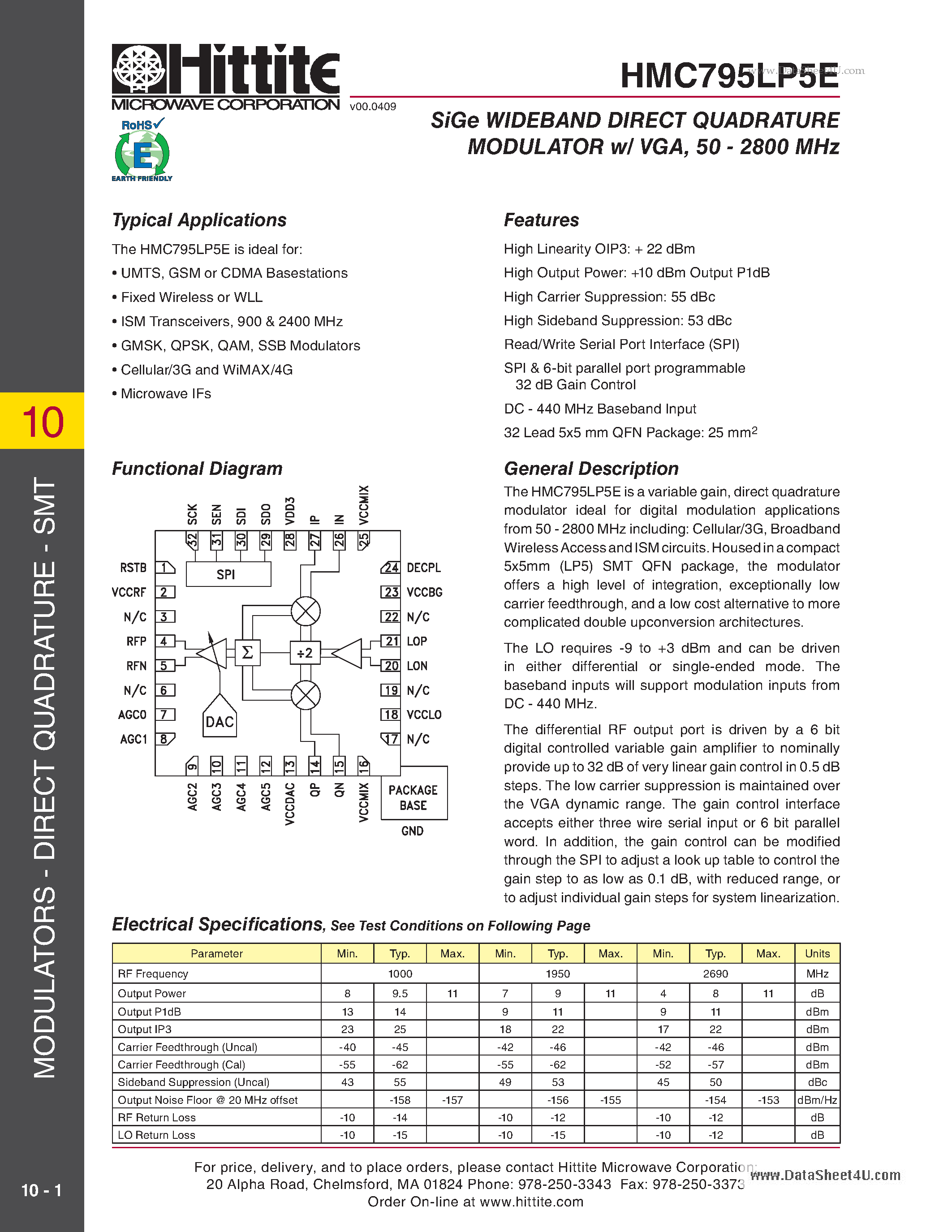 Datasheet HMC795LP5E page 1 Datasheet HMC795LP5E - SiGe Wideband direct Quadrature Modulator w/ vGa page 1
