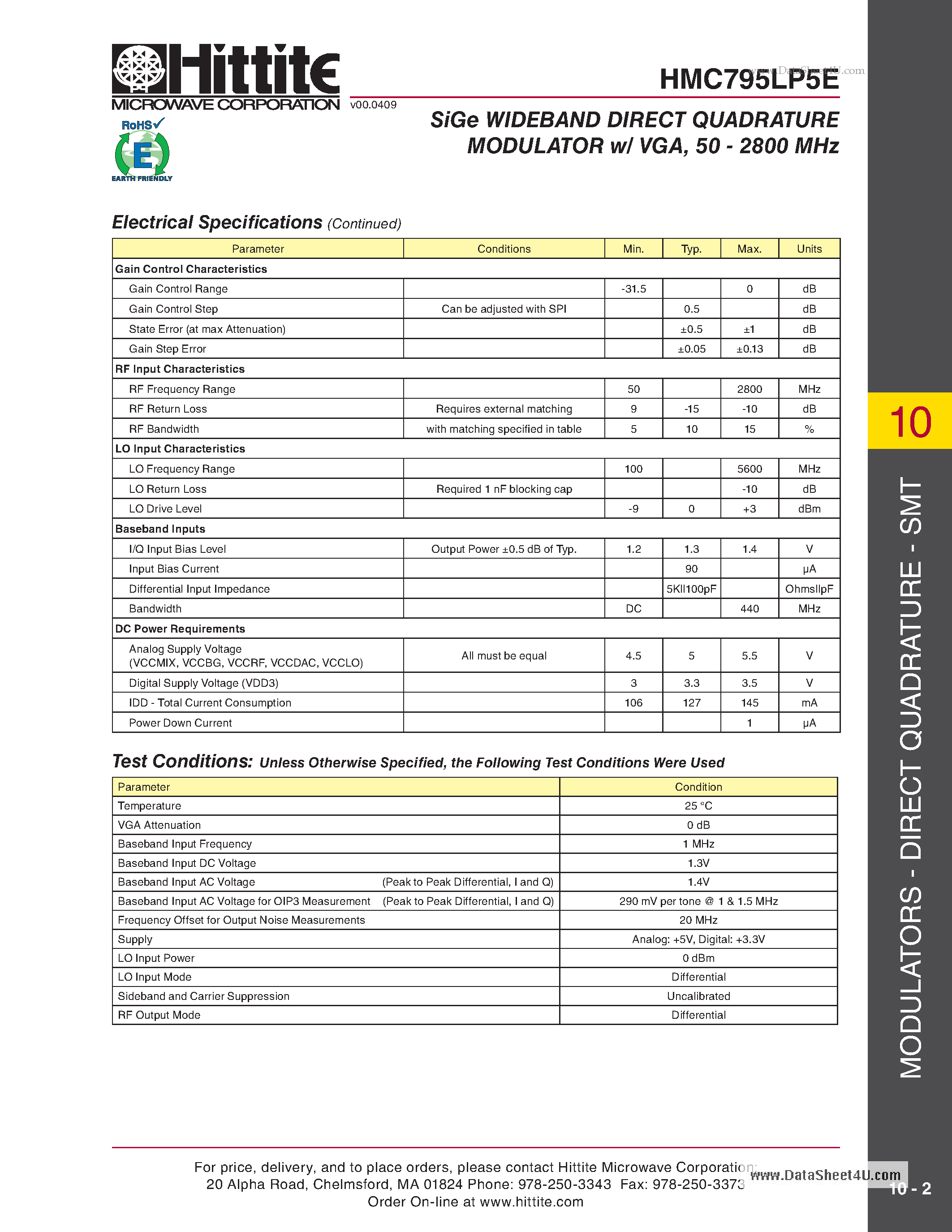 Datasheet HMC795LP5E page 2 Datasheet HMC795LP5E - SiGe Wideband direct Quadrature Modulator w/ vGa page 2