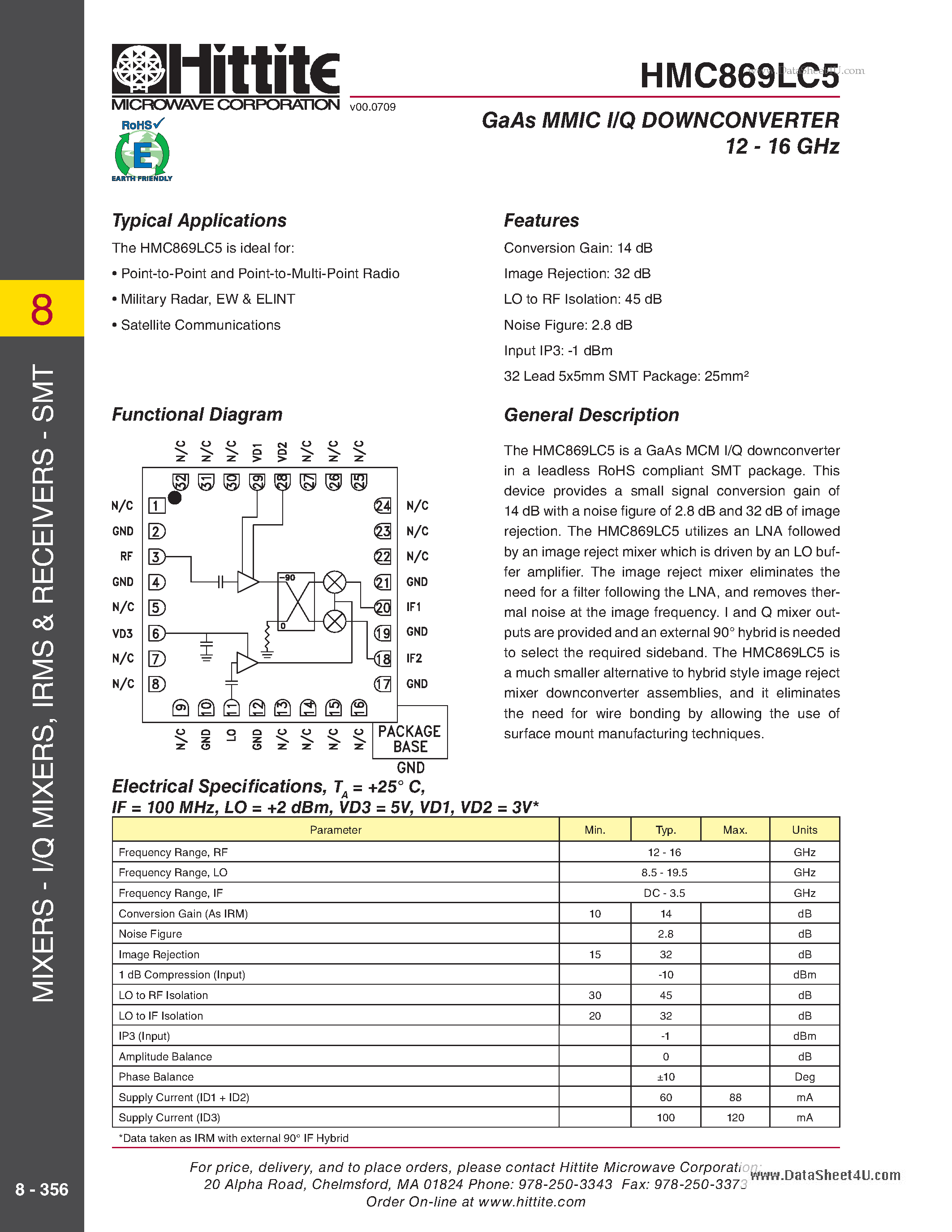 Datasheet HMC869LC5 page 1 Datasheet HMC869LC5 - GaAs MMIC I/Q Downconverter page 1