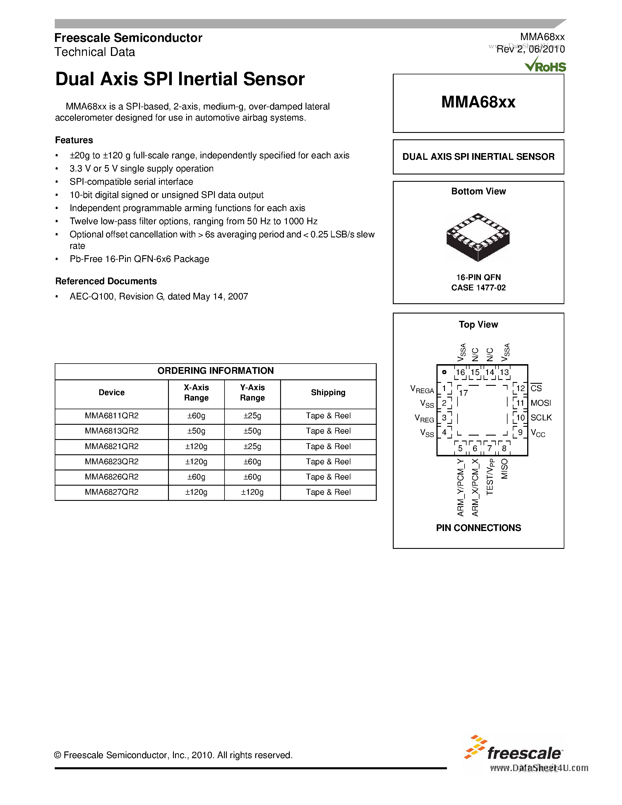 Datasheet MMA6811QR2 page 1 Datasheet MMA6811QR2 - Dual Axis SPI Inertial Sensor page 1