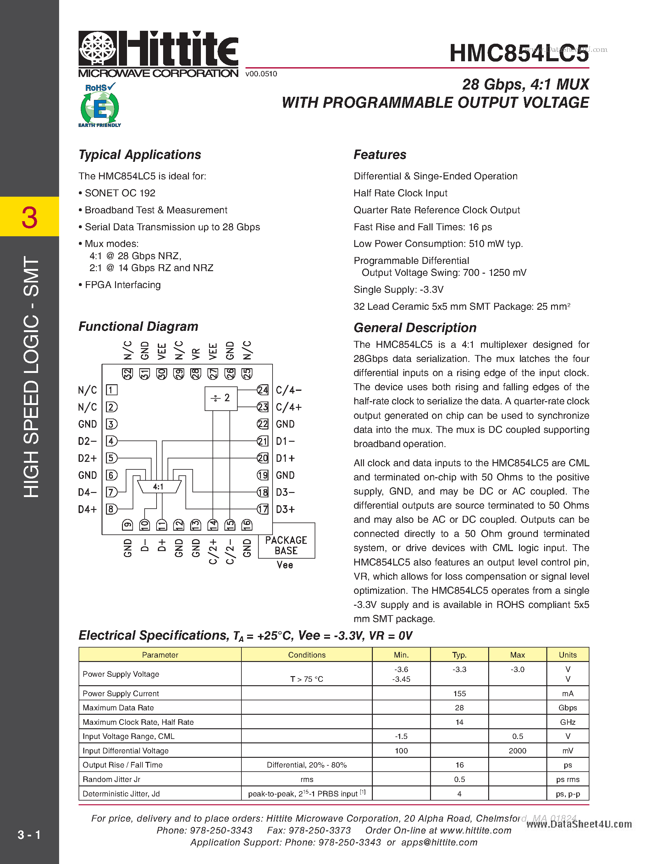 Datasheet HMC854LC5 - 28 Gbps 4:1 Mux W/Programmable Output Voltage page 1