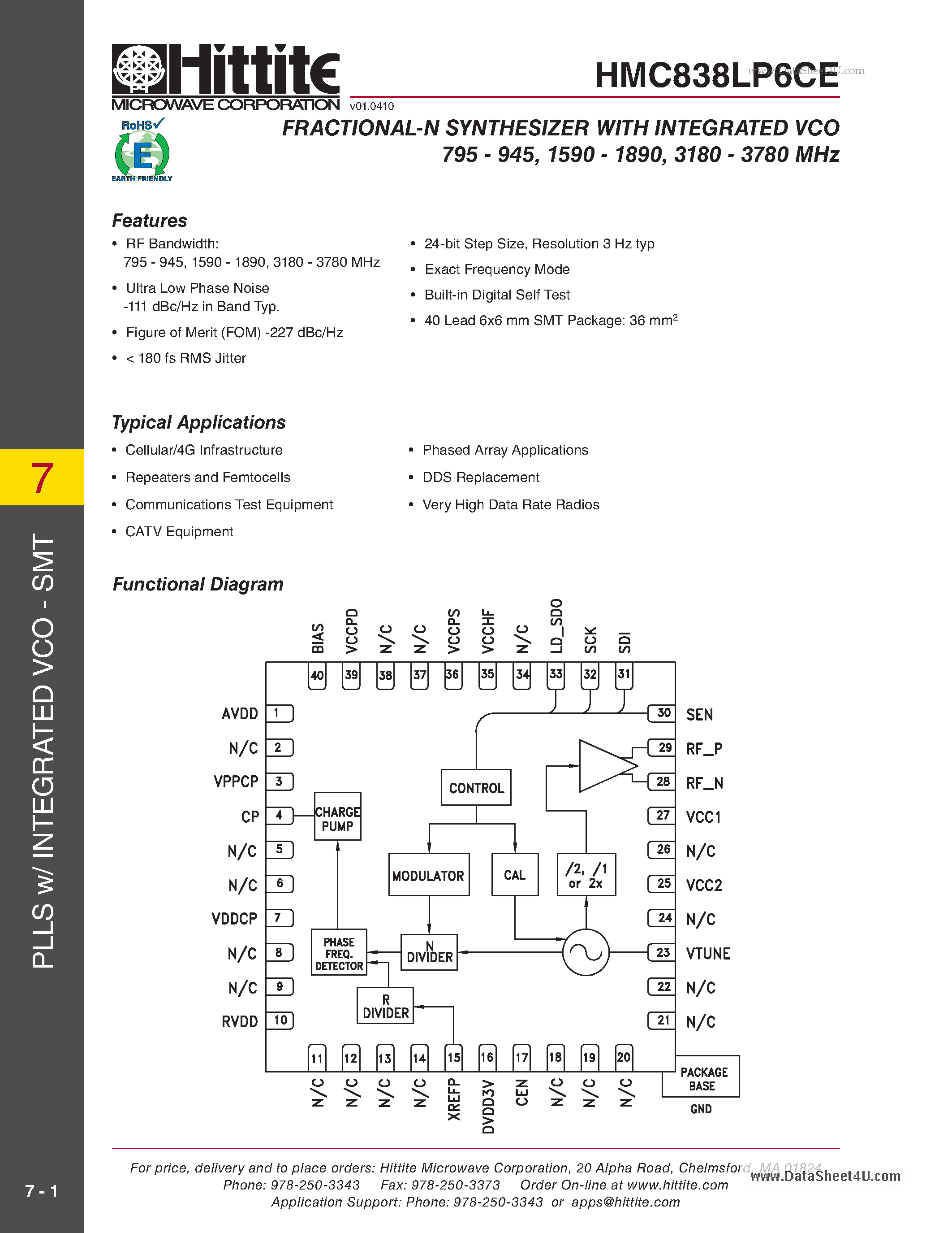 Datasheet HMC838LP6CE page 1 Datasheet HMC838LP6CE - FRACTIONAL-N SYNTHESIZER page 1