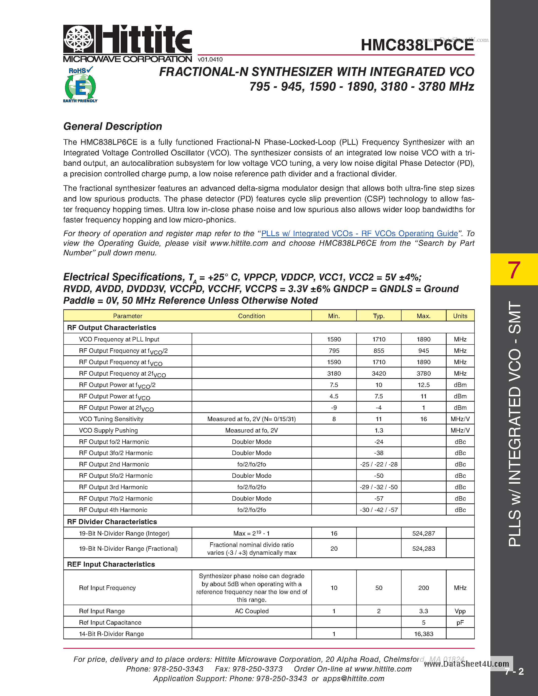 Datasheet HMC838LP6CE page 2 Datasheet HMC838LP6CE - FRACTIONAL-N SYNTHESIZER page 2