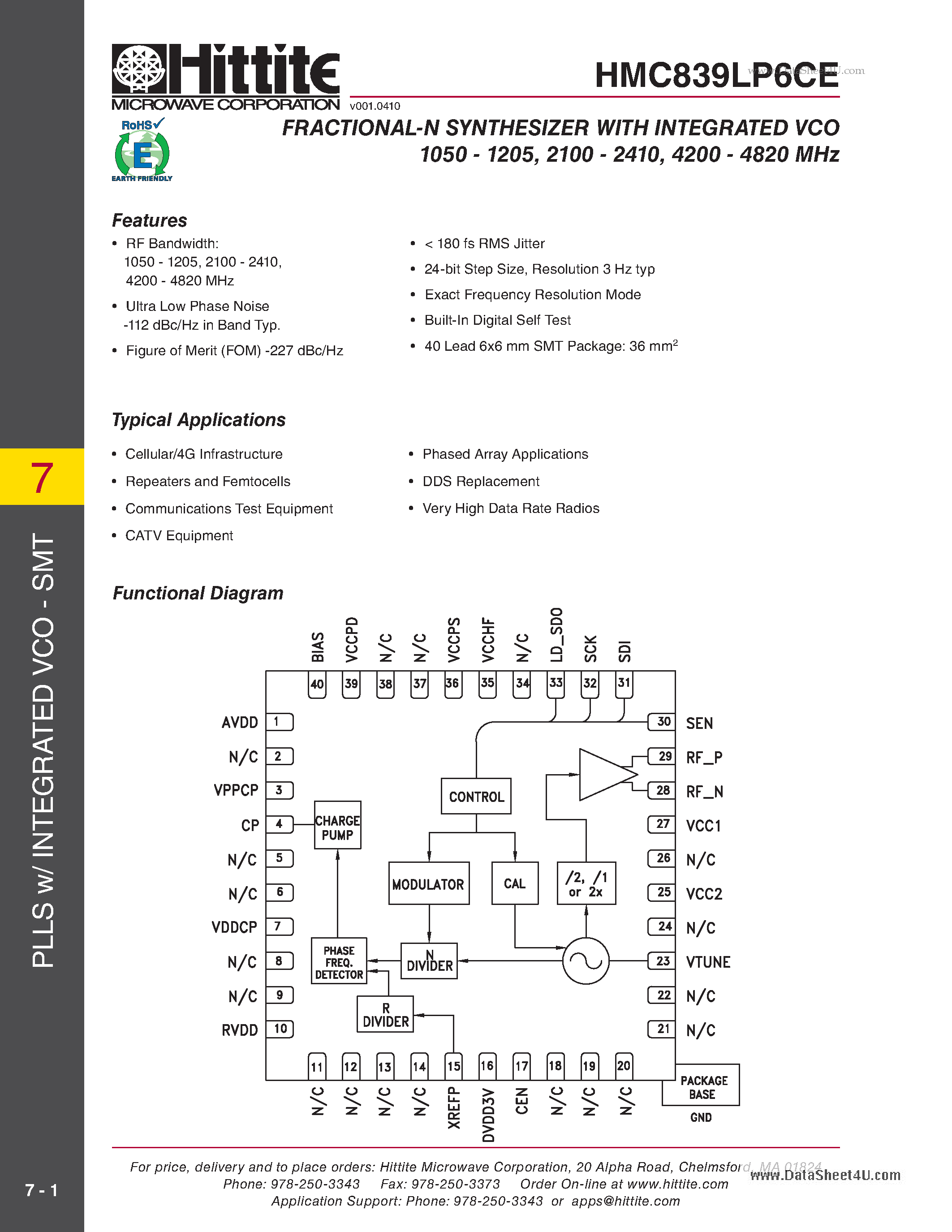 Datasheet HMC839LP6CE page 1 Datasheet HMC839LP6CE - FRACTIONAL-N SYNTHESIZER page 1