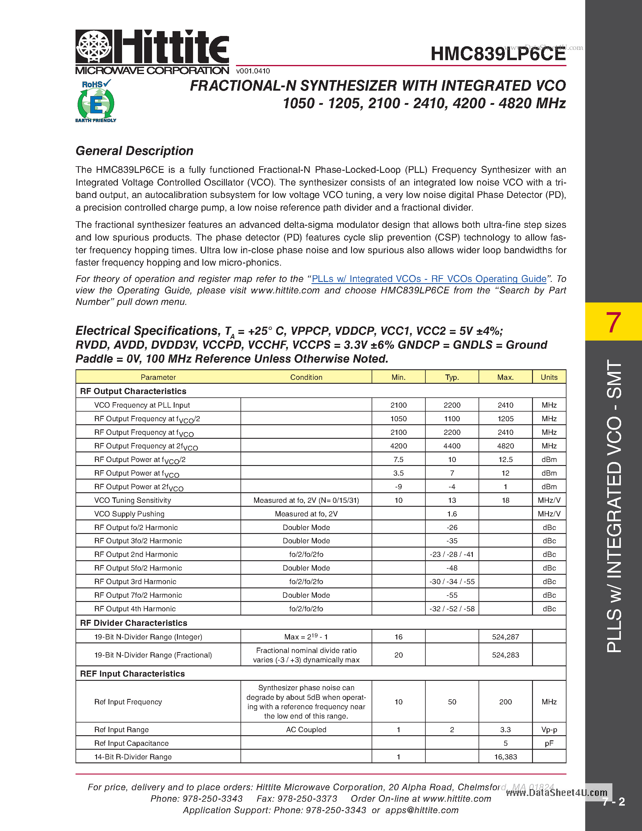 Datasheet HMC839LP6CE page 2 Datasheet HMC839LP6CE - FRACTIONAL-N SYNTHESIZER page 2