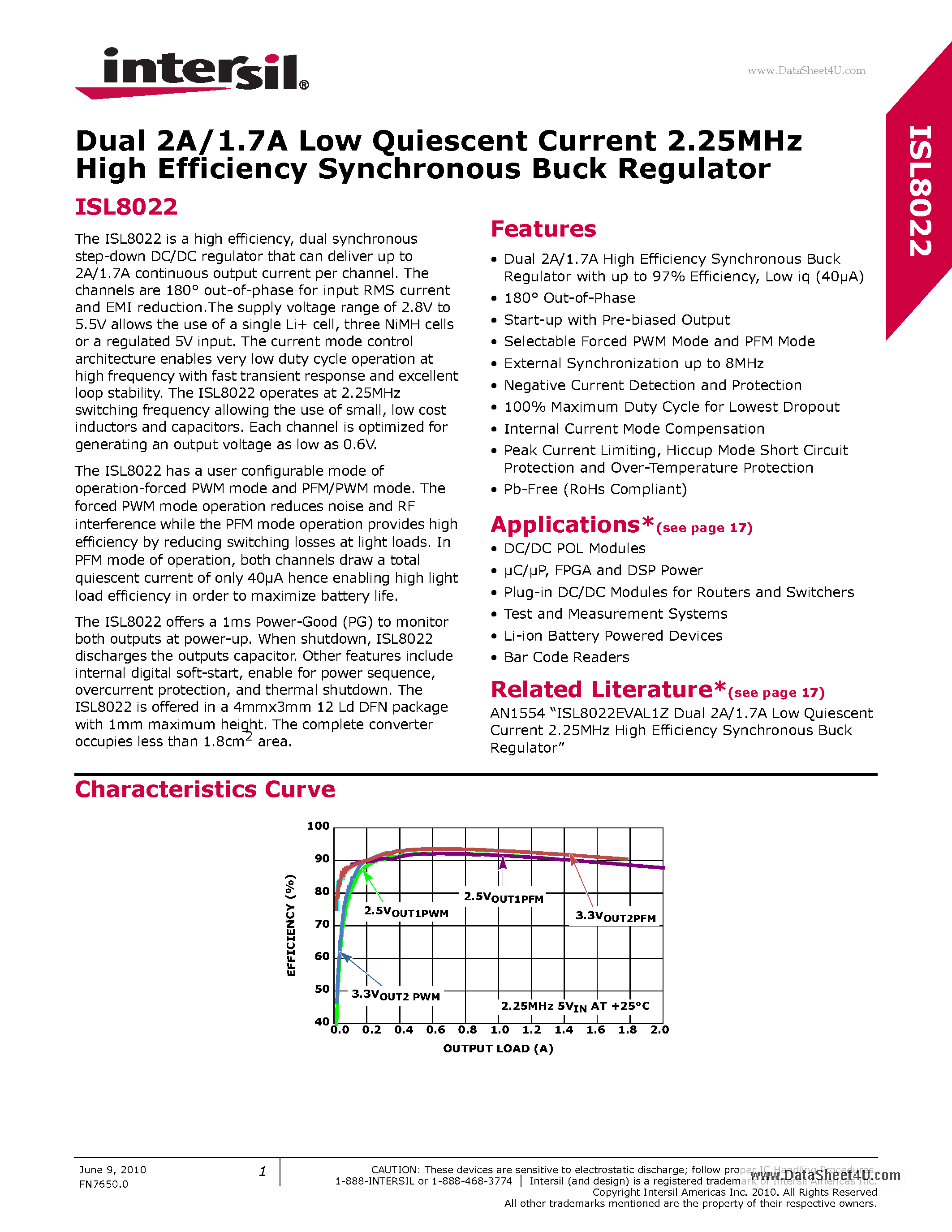 Datasheet ISL8022 page 1 Datasheet ISL8022 - Dual 2A/1.7A Low Quiescent Current 2.25MHz High Efficiency Synchronous Buck Regulator page 1