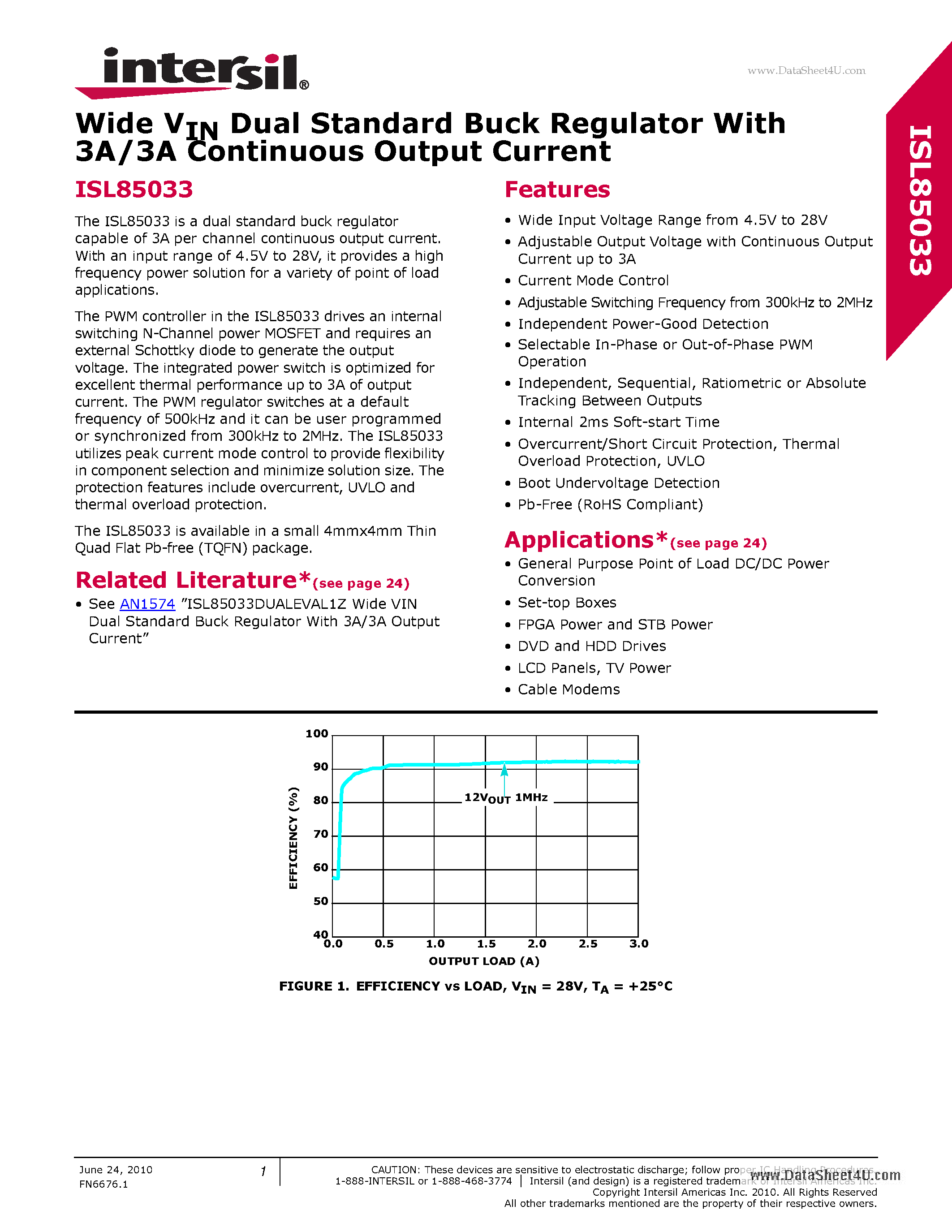 Datasheet ISL85033 page 1 Datasheet ISL85033 - Wide VIN Dual Standard Buck Regulator page 1