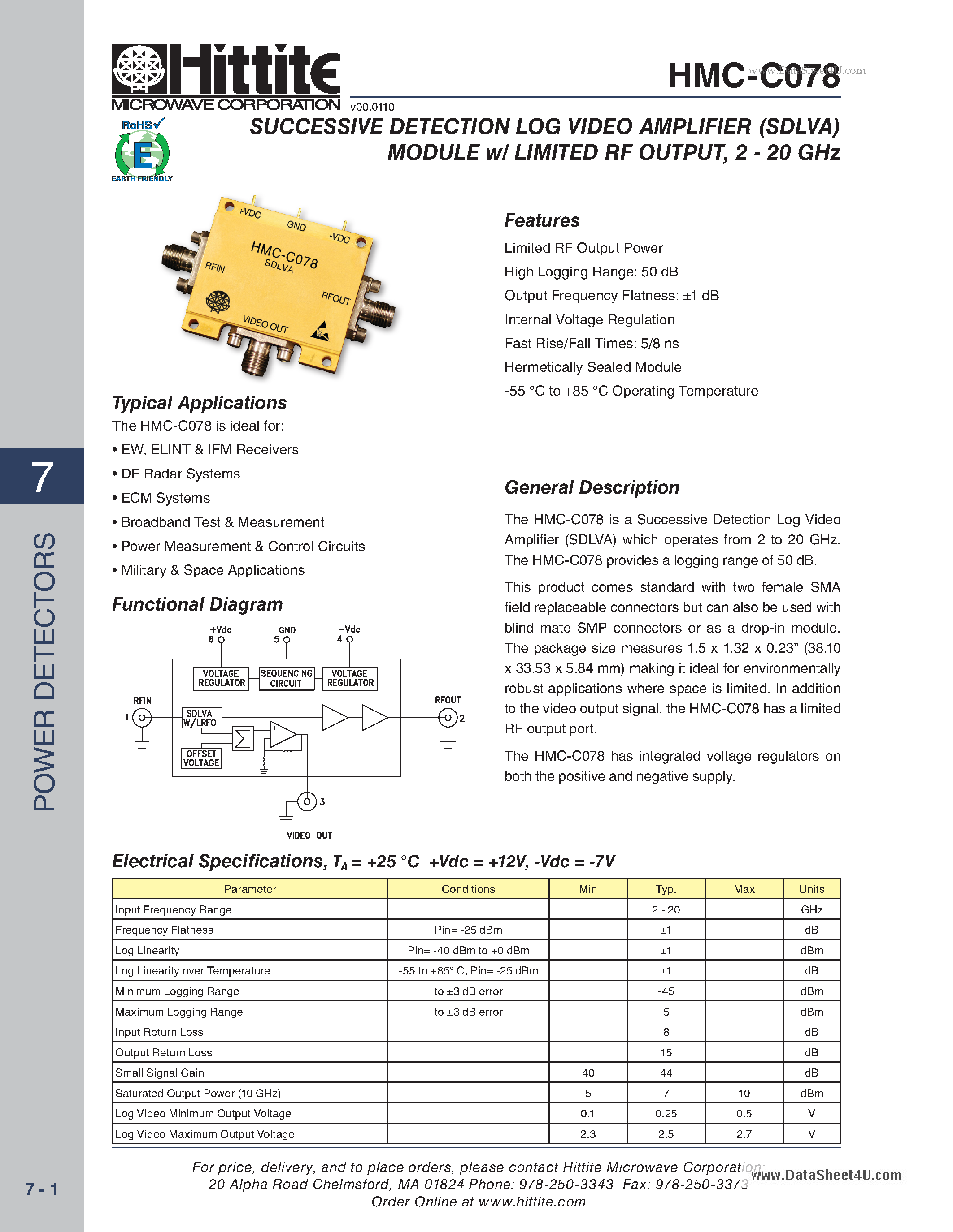 Даташит HMC-C078 - SUCCESSIVE DETECTION LOG VIDEO AMPLIFIER (SDLVA) MODULE w/ LIMITED RF OUTPUT страница 1
