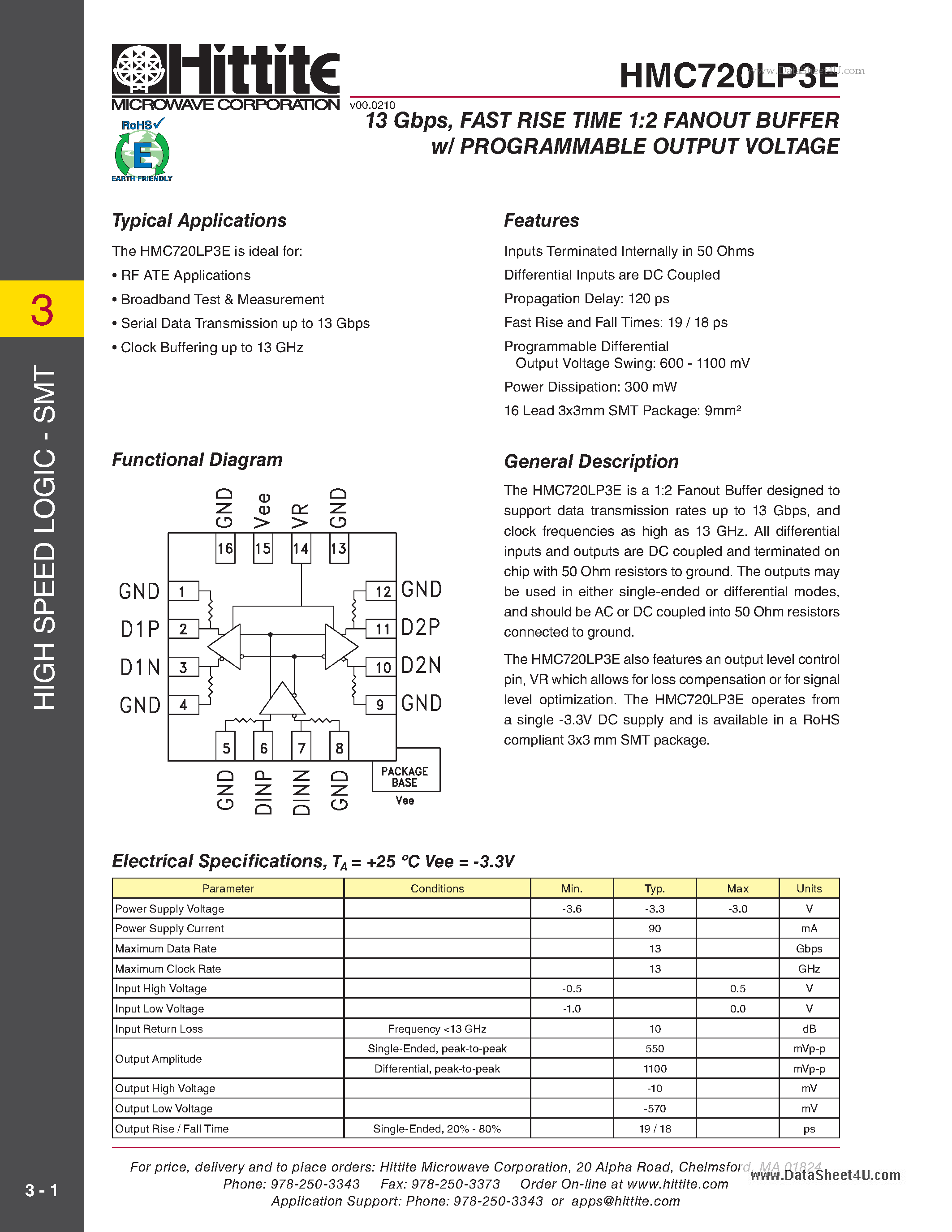 Datasheet HMC720LP3E - FAST RISE TIME 1:2 FANOUT BUFFER w/ PROGRAMMABLE OUTPUT VOLTAGE page 1