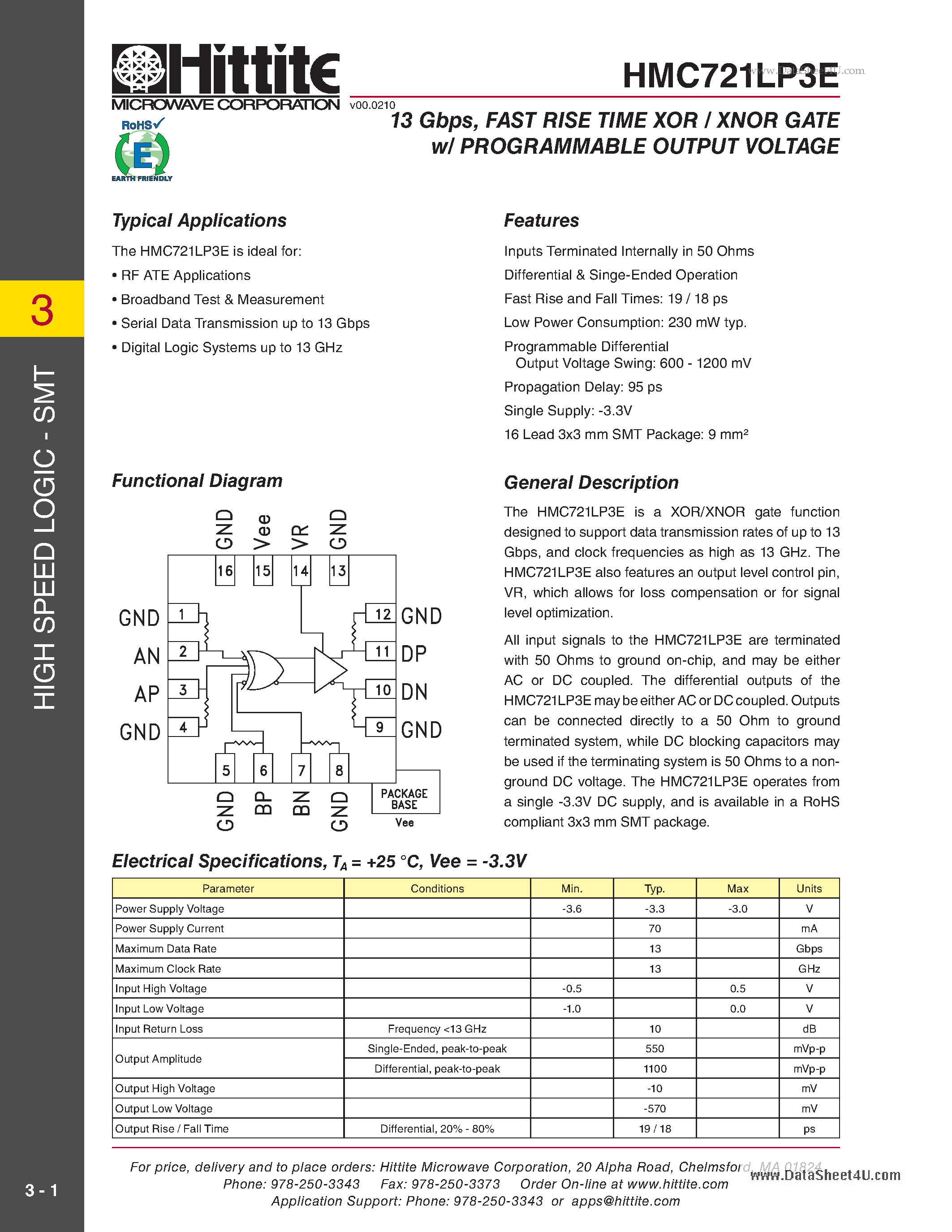 Datasheet HMC721LP3E page 1 Datasheet HMC721LP3E - FAST RISE TIME XOR / XNOR GATE w/ PROGRAMMABLE OUTPUT VOLTAGE page 1