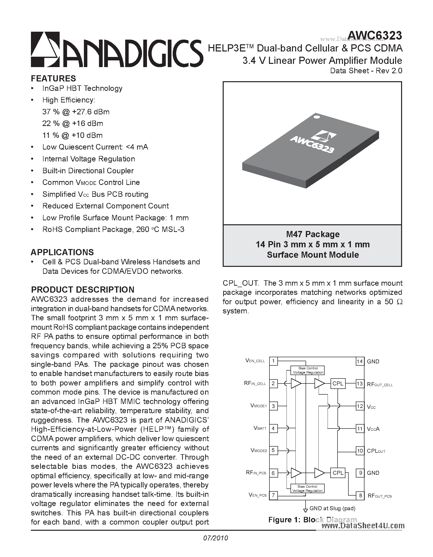 Datasheet AWC6323 page 1 Datasheet AWC6323 - HELP3E Dual-band Cellular & PCS CDMA 3.4 V Linear Power Amplifer Module page 1