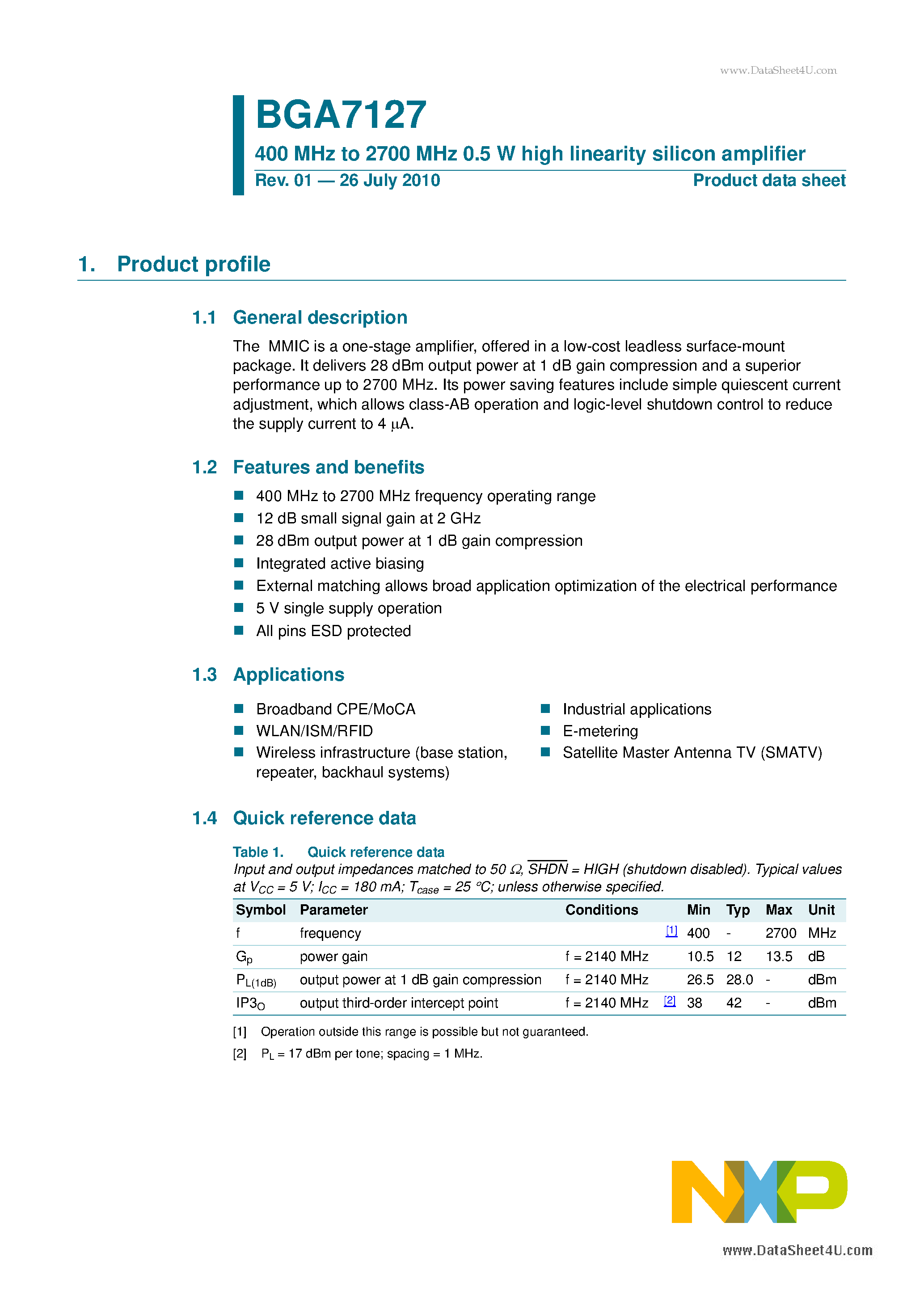 Datasheet BGA7127 - 400 MHz To 2700 MHz 0.5 W High Linearity Silicon Amplifier page 1