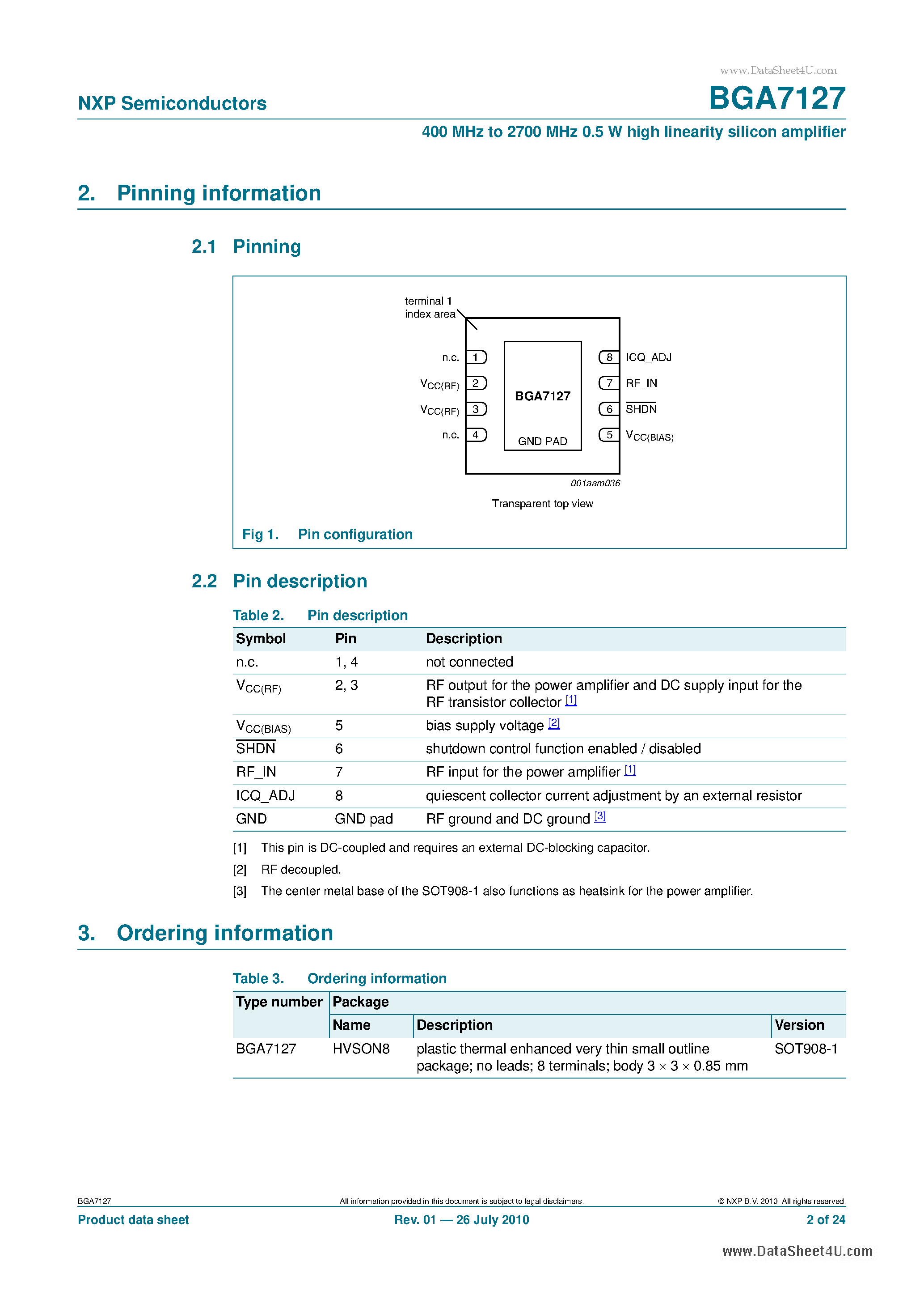 Datasheet BGA7127 - 400 MHz To 2700 MHz 0.5 W High Linearity Silicon Amplifier page 2