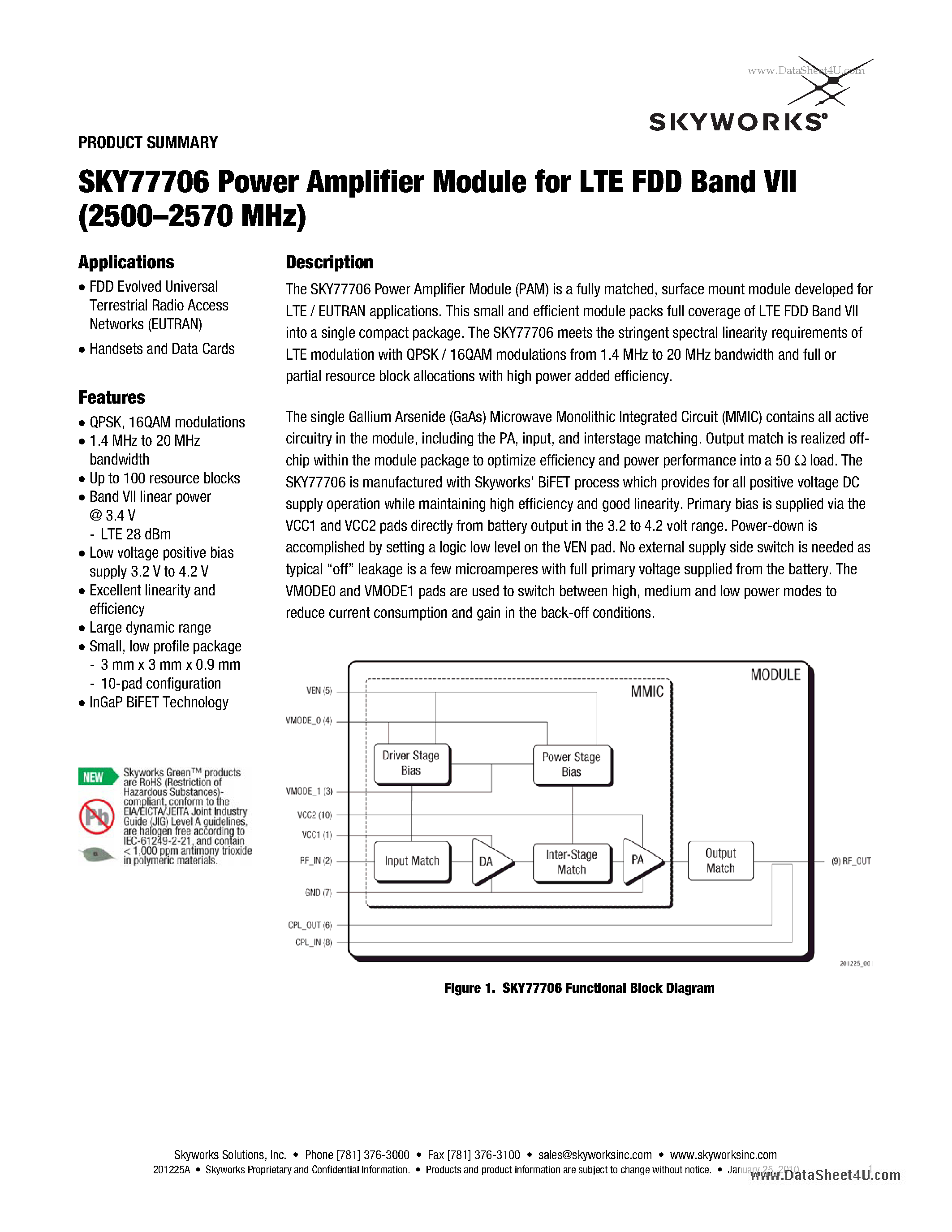Даташит на микросхему SKY77706 страница 1 Даташит SKY77706 - Power Amplifier Module For LTE FDD Band VII (2500-2570 MHz) страница 1