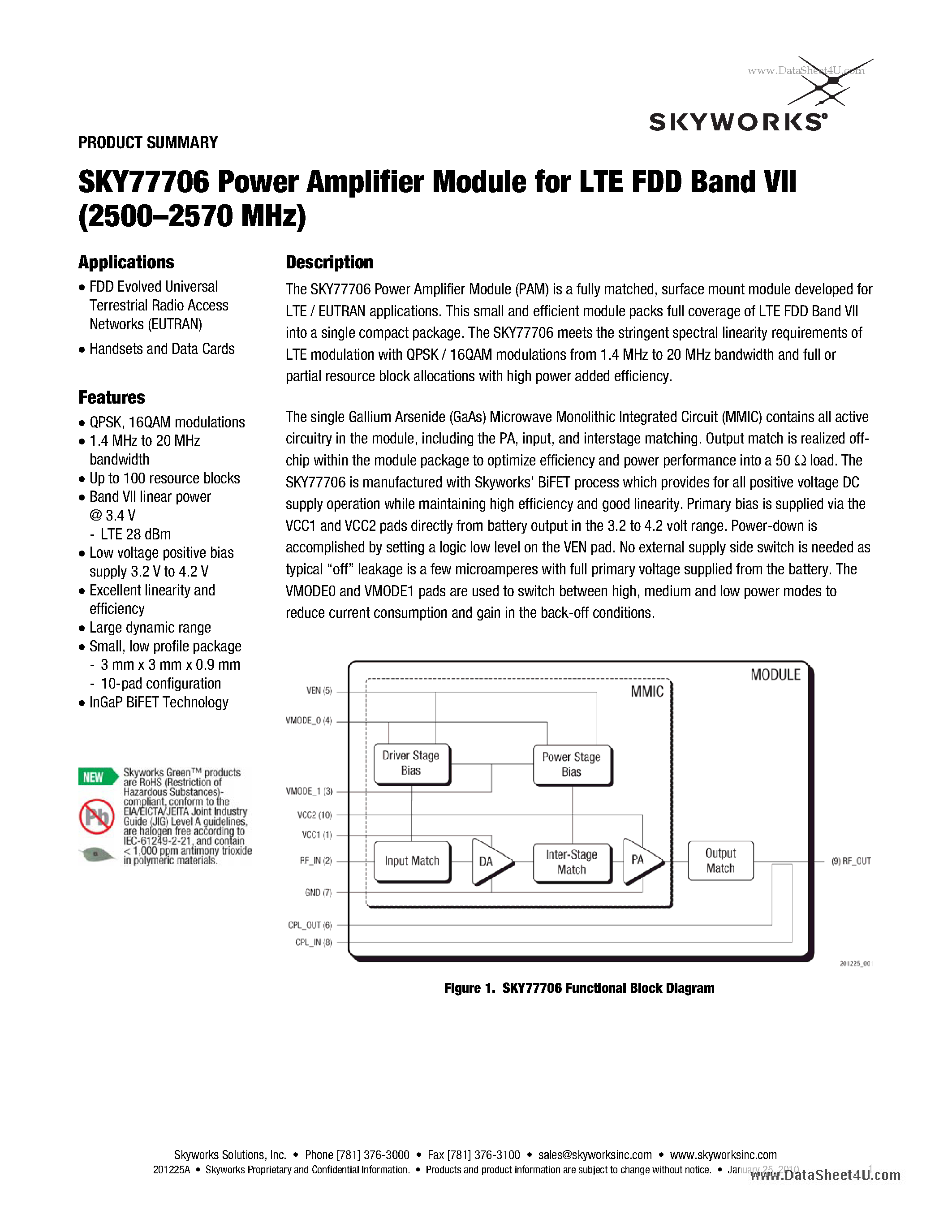 Даташит SKY77706 - Power Amplifier Module For LTE FDD Band VII (2500-2570 MHz) страница 1