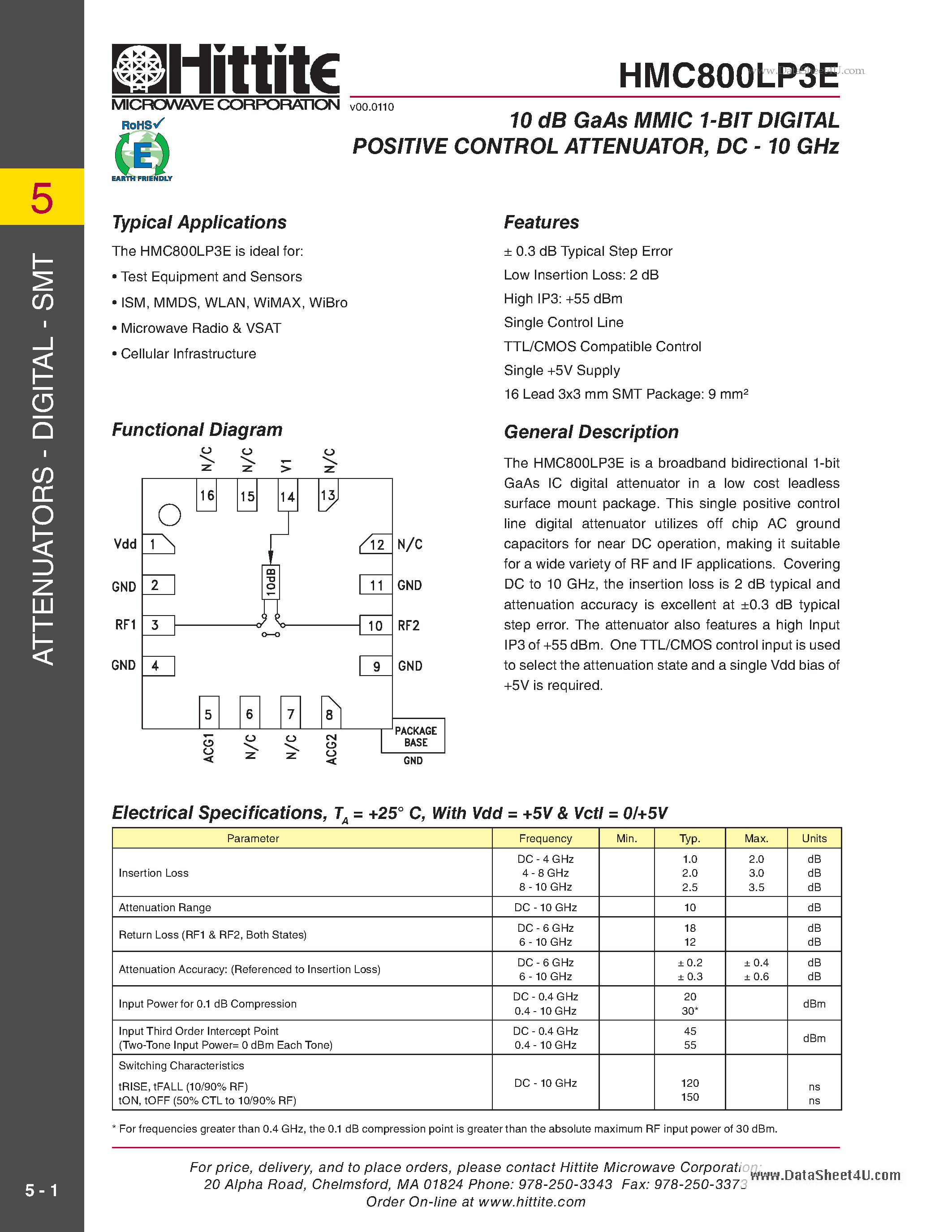Даташит на микросхему HMC800LP3E страница 1 Даташит HMC800LP3E - 10 dB GaAs MMIC 1-BIT DIGITAL POSITIVE CONTROL ATTENUATOR страница 1