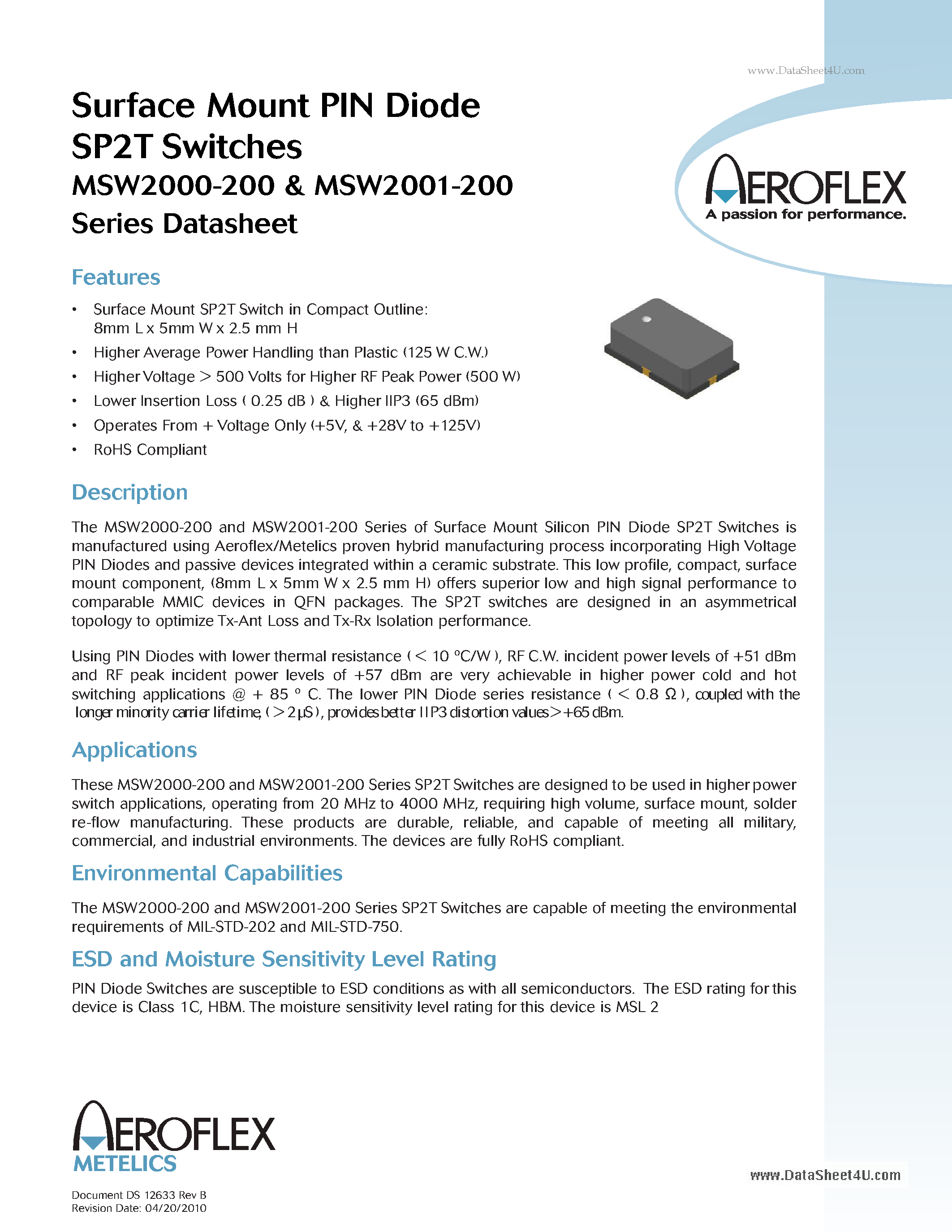 Даташит MSW2000-200 - Surface Mount PIN Diode SP2T Switches страница 1